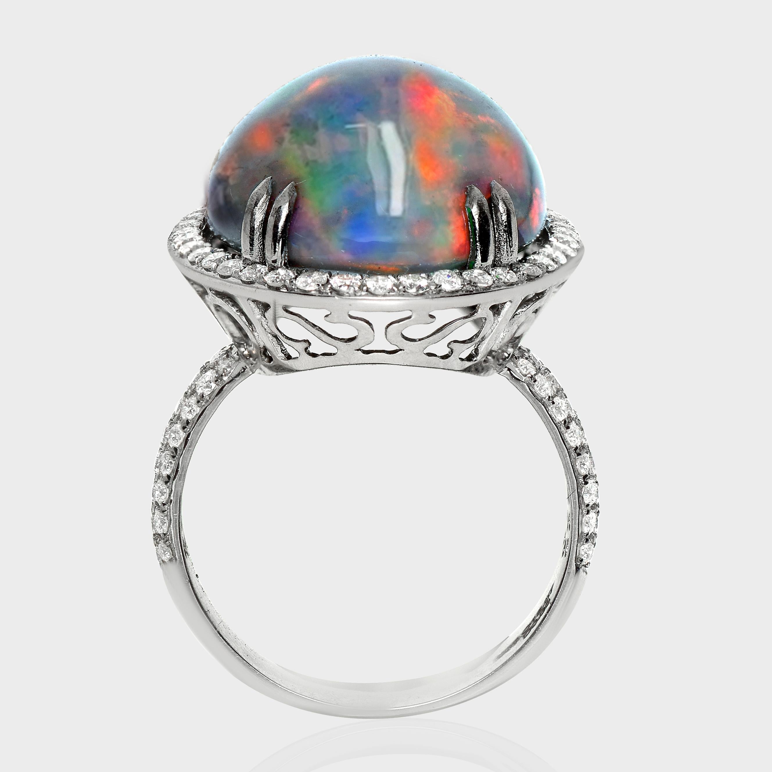 HRD 14K 12,87 ct  Natürliche Farben spielender schwarzer Opal-Diamanten-Cocktailring (Cabochon) im Angebot