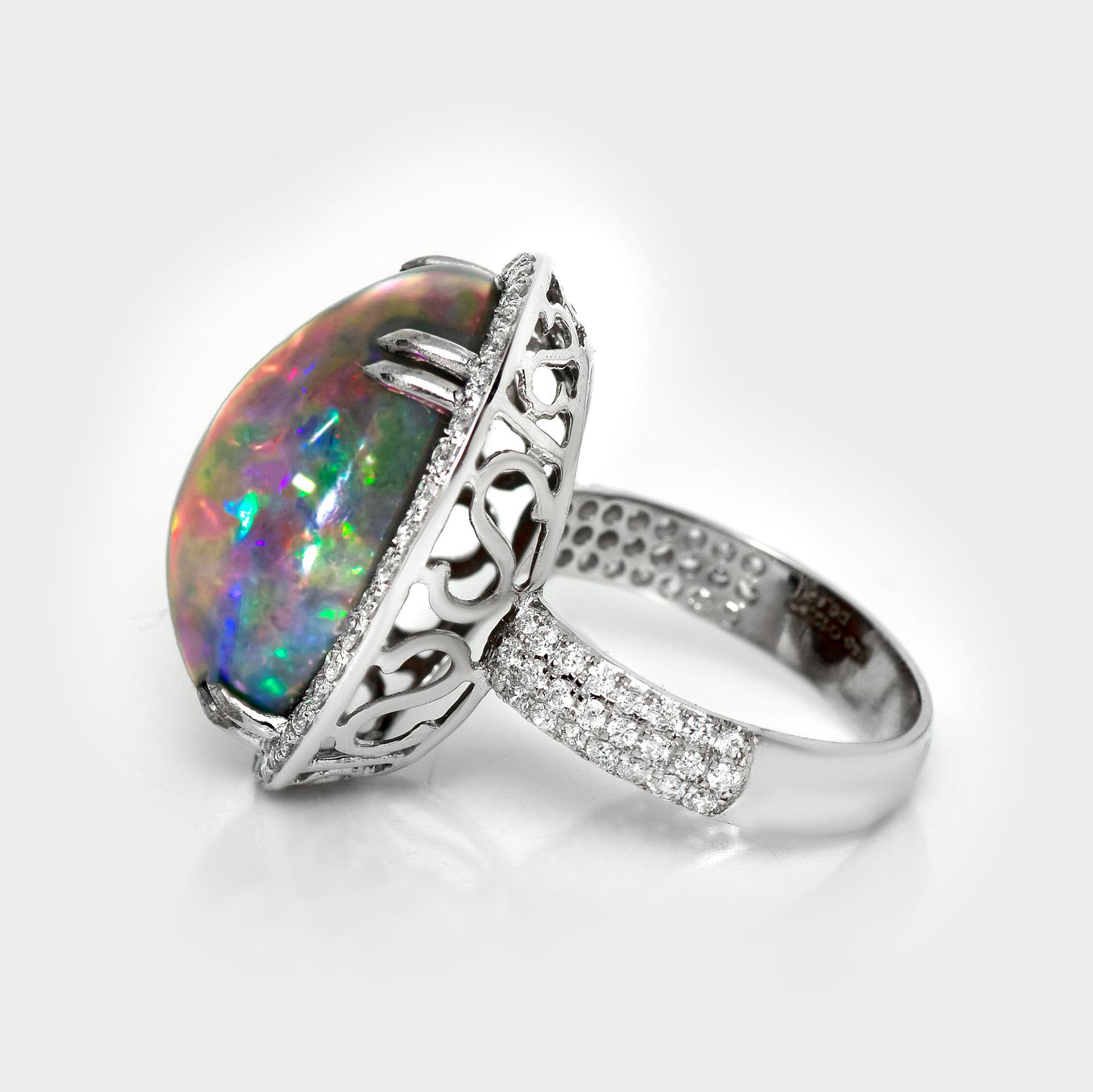 HRD 14K 12,87 ct  Natürliche Farben spielender schwarzer Opal-Diamanten-Cocktailring für Damen oder Herren im Angebot