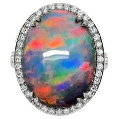 HRD 14K 12.87 ct  Natural Color Play Black Opal Diamonds Cocktail Ring