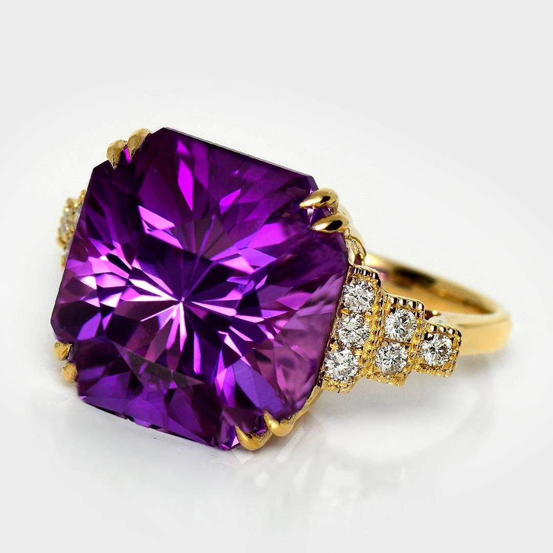 HRD 14K 13.84 ct Natural Vivid Purple Amethyst Diamonds Antique Engagement Ring Art Decó en venta