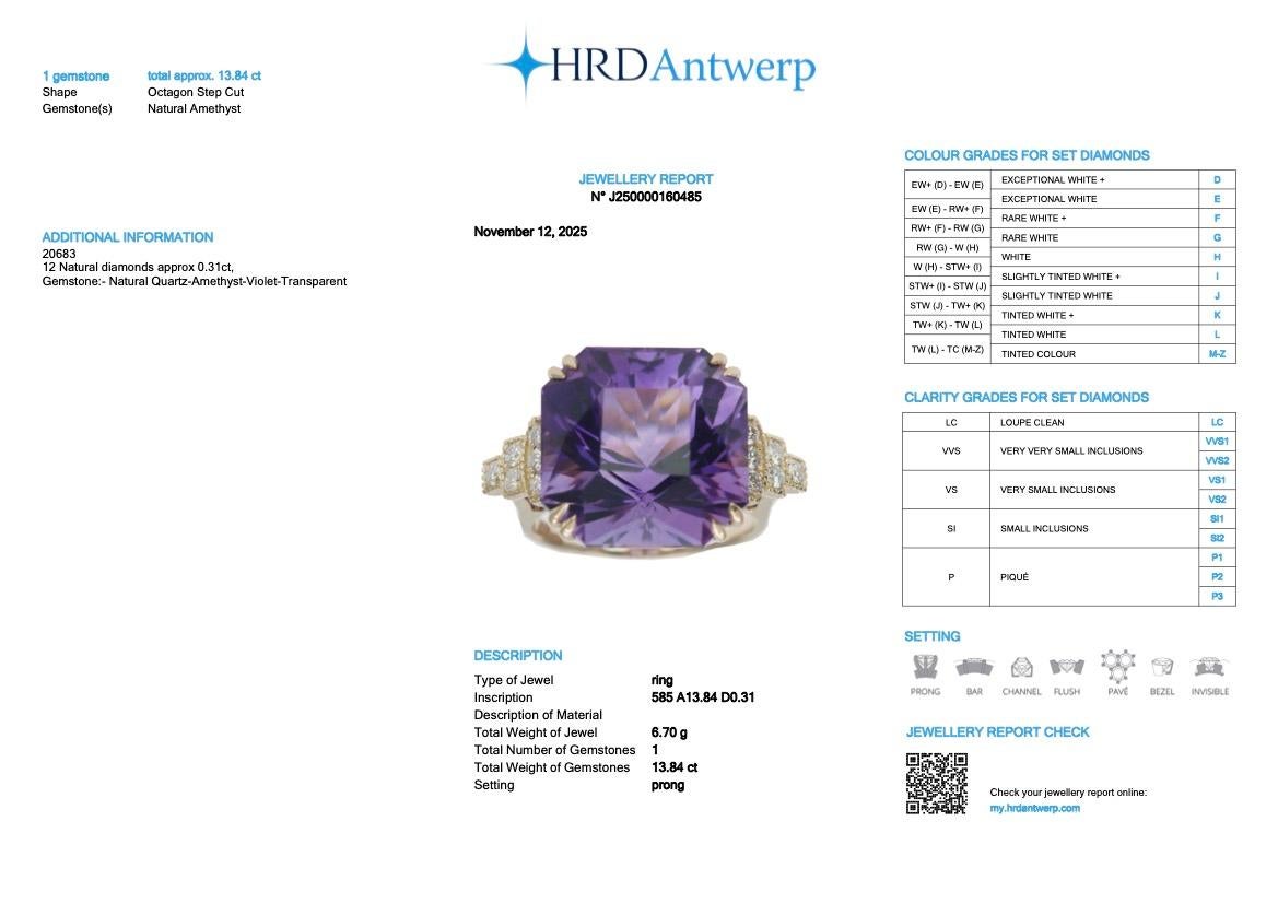 HRD 14K 13.84 ct Natural Vivid Purple Amethyst Diamonds Antique Engagement Ring en venta 3