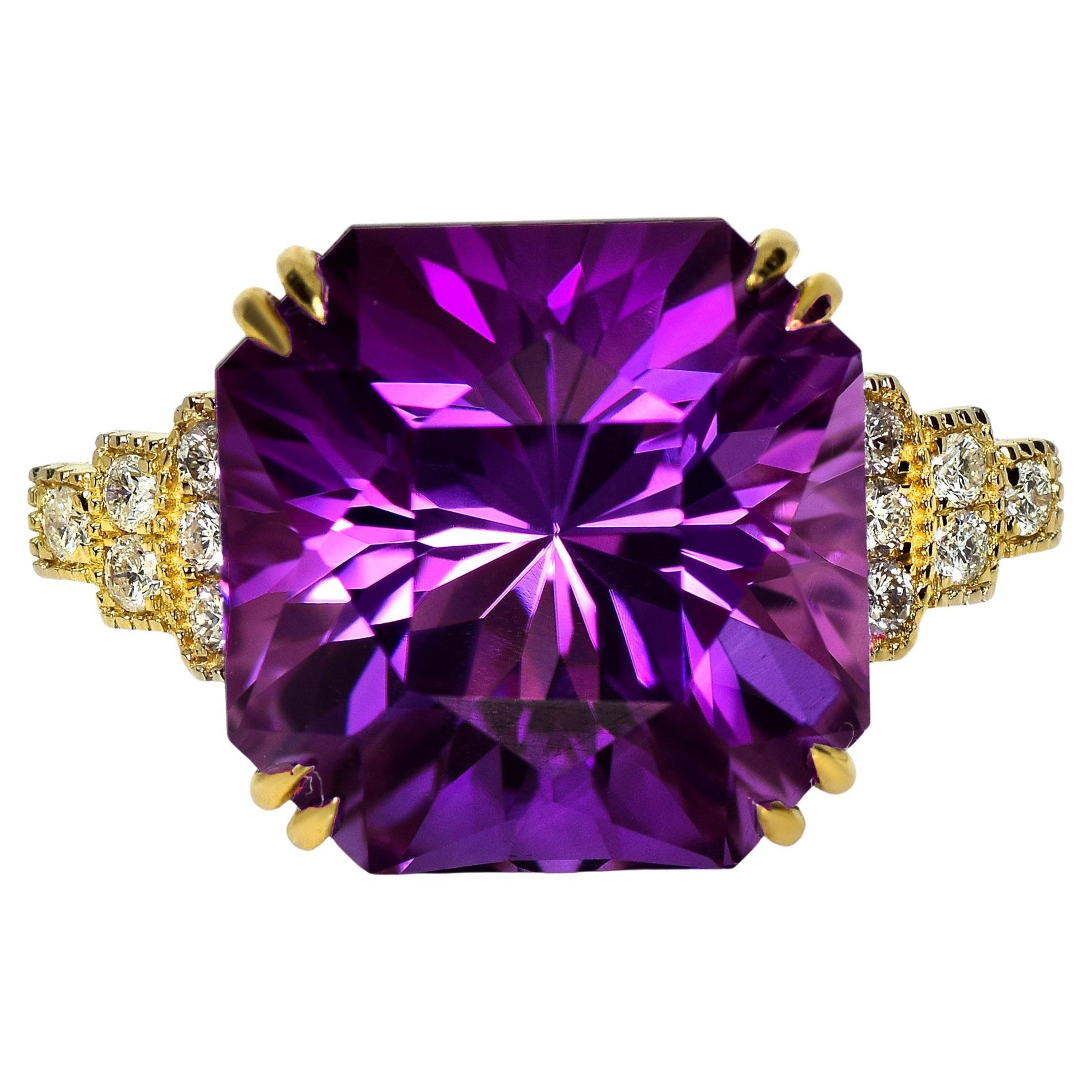 HRD 14K 13.84 ct Natural Vivid Purple Amethyst Diamonds Antique Engagement Ring
