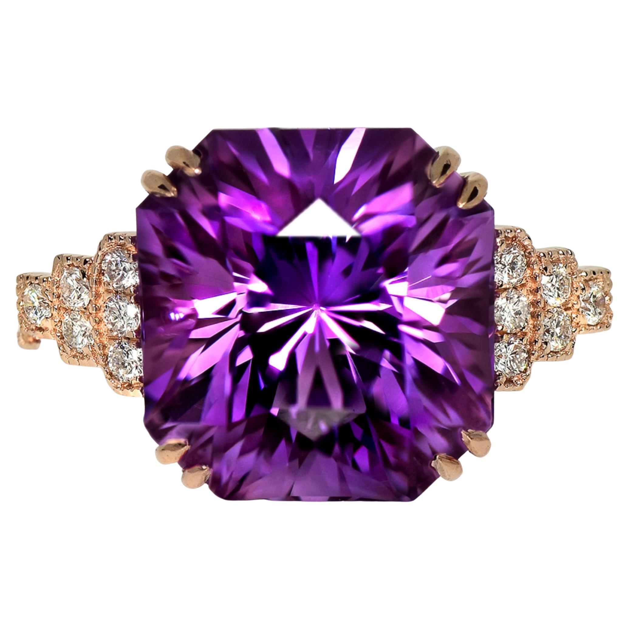 HRD 14K 14.22 ct Natural Vivid Purple Amethyst Diamonds Antique Engagement Ring