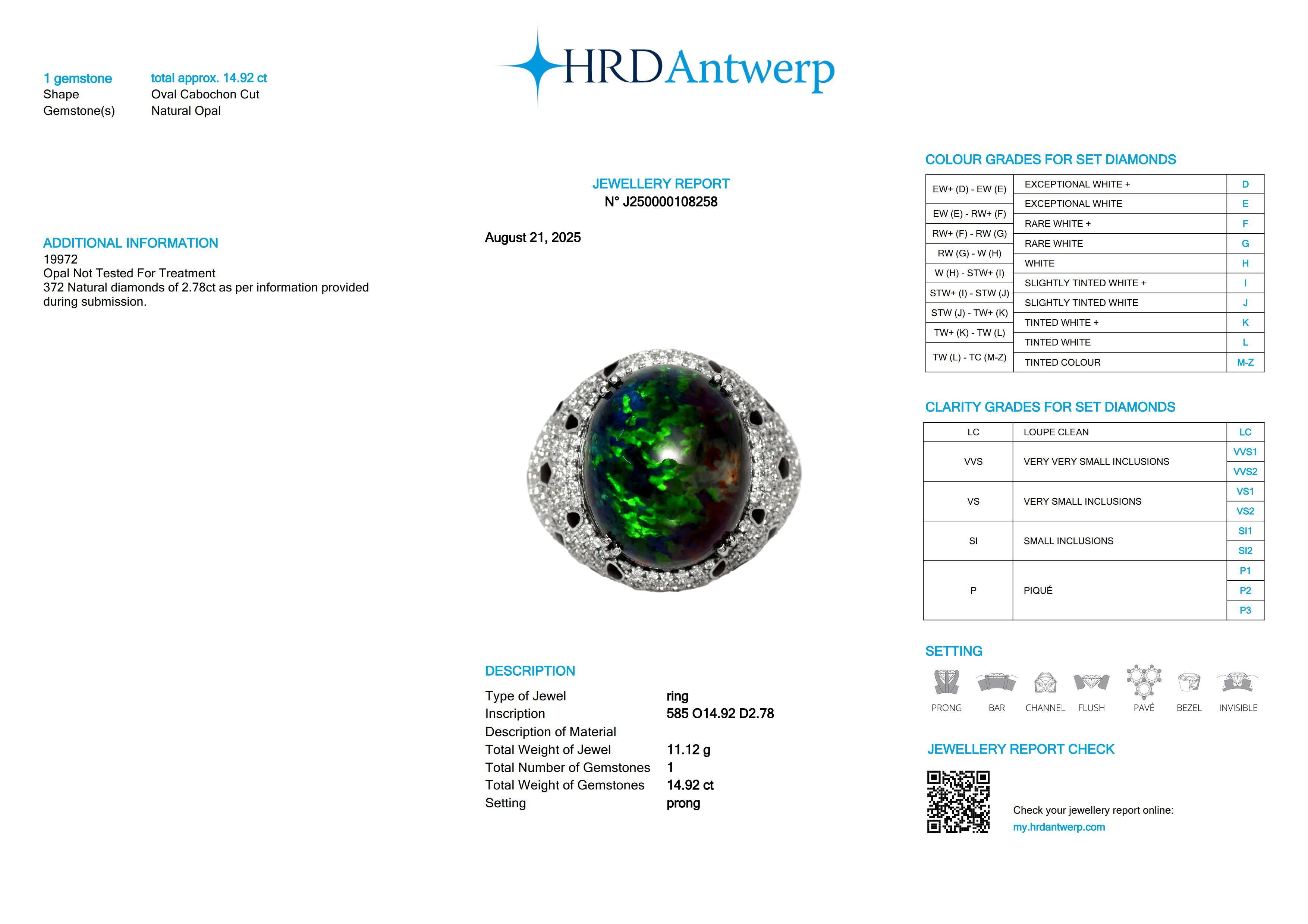 HRD 14K 14,92 ct  Anello da cocktail con diamanti opale nero, a colori naturali in vendita 2