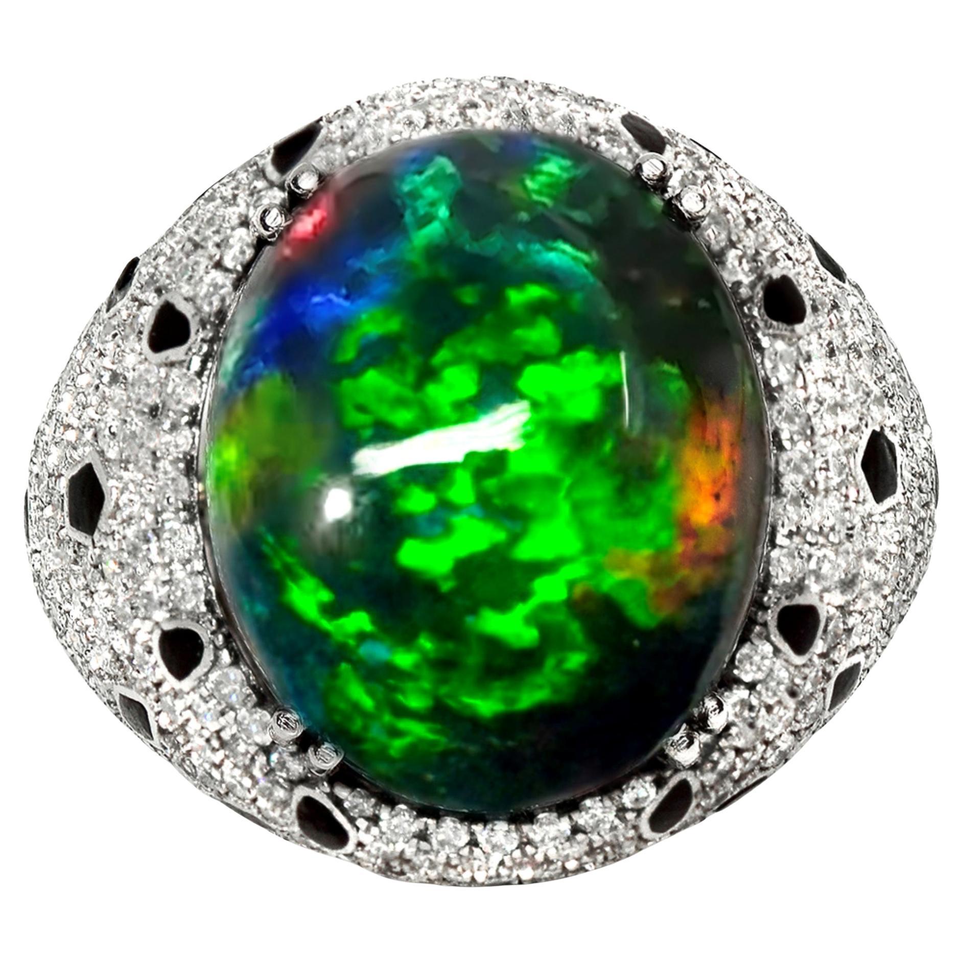 HRD 14K 14,92 ct  Natürliche Farben spielender schwarzer Opal-Diamanten-Cocktailring