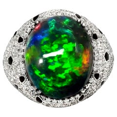 HRD 14K 14.92 ct  Natural Color Play Black Opal Diamonds Cocktail Ring