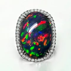 HRD 14K 16.05 ct  Natural Color Play Black Opal&Diamonds Cocktail Ring