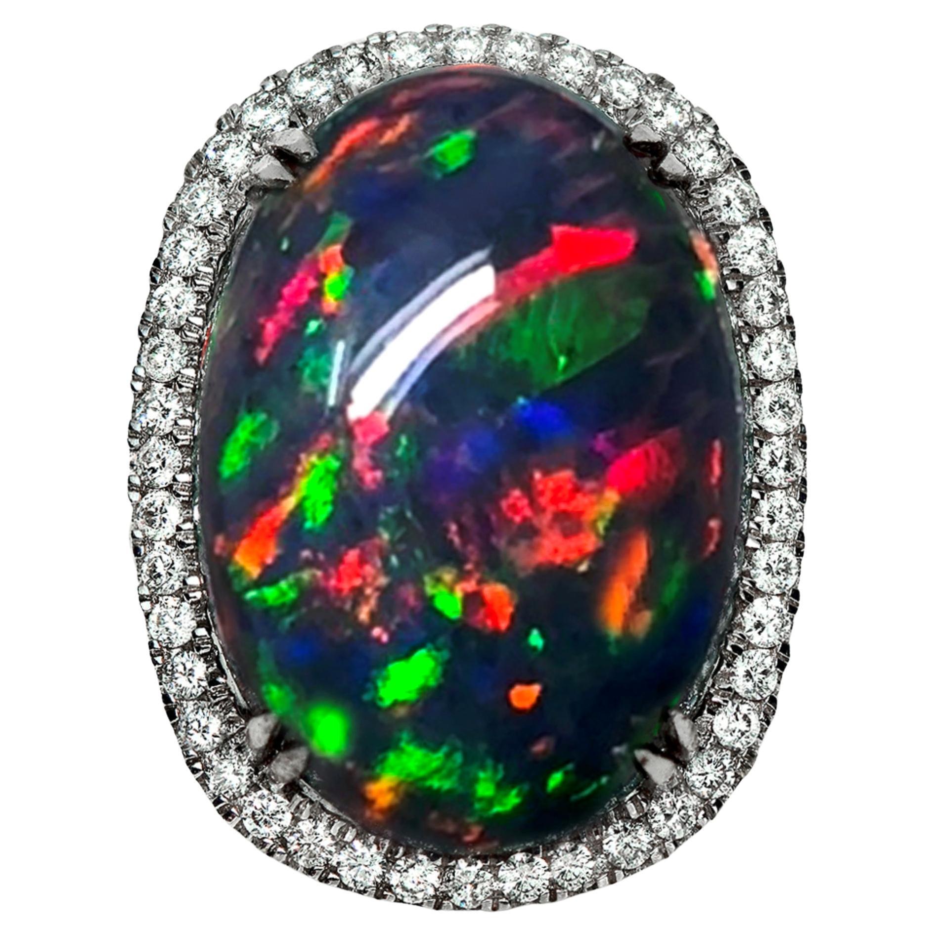 HRD 14K 16.05 ct  Natural Color Play Black Opal&Diamonds Cocktail Ring For Sale