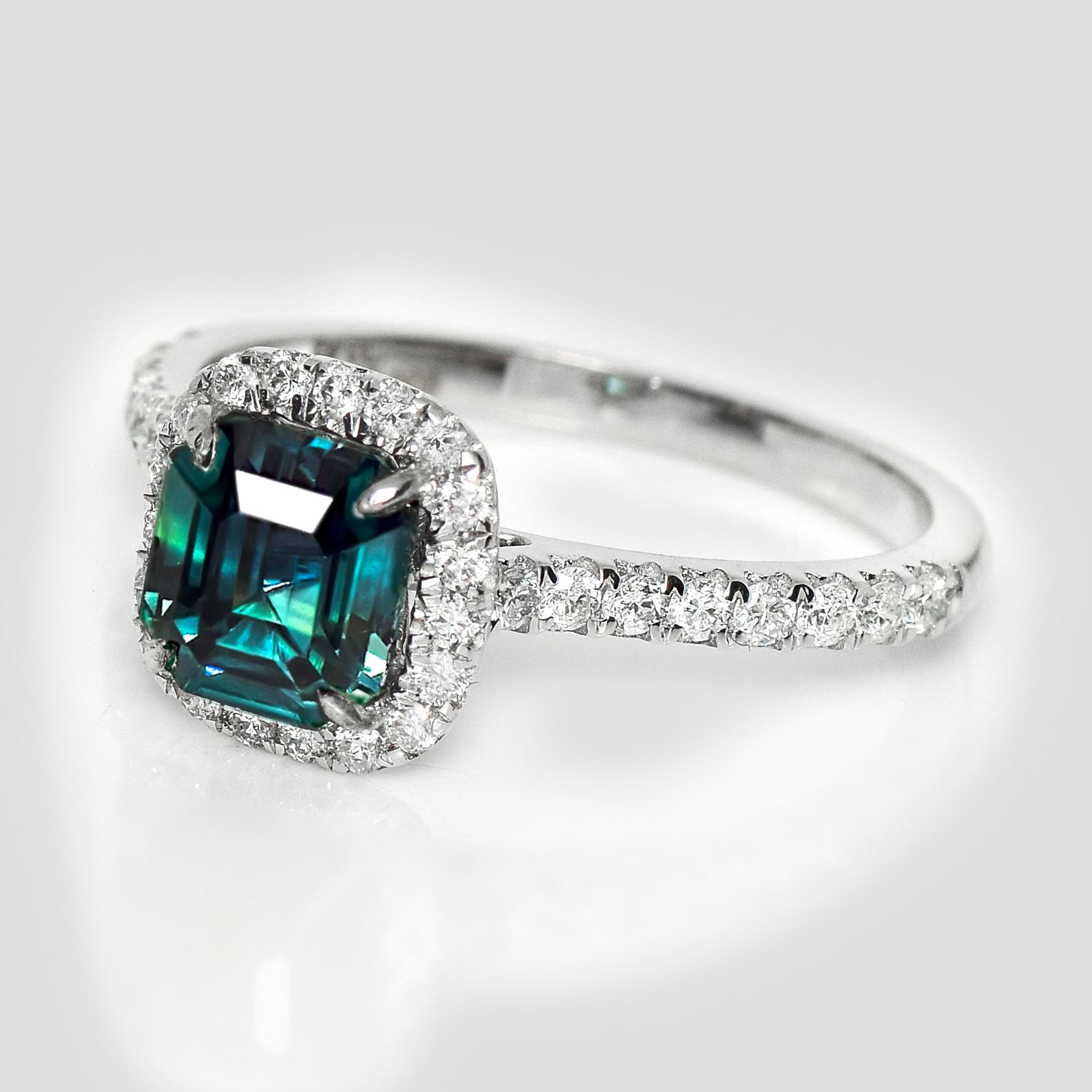 HRD 14K 2.04 Ct Natürlicher Grünlicher Blauer Saphir&Diamanten Verlobungsring (Zeitgenössisch) im Angebot