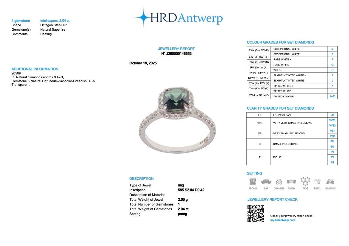 HRD 14K 2.04 Ct Natürlicher Grünlicher Blauer Saphir&Diamanten Verlobungsring im Angebot 2