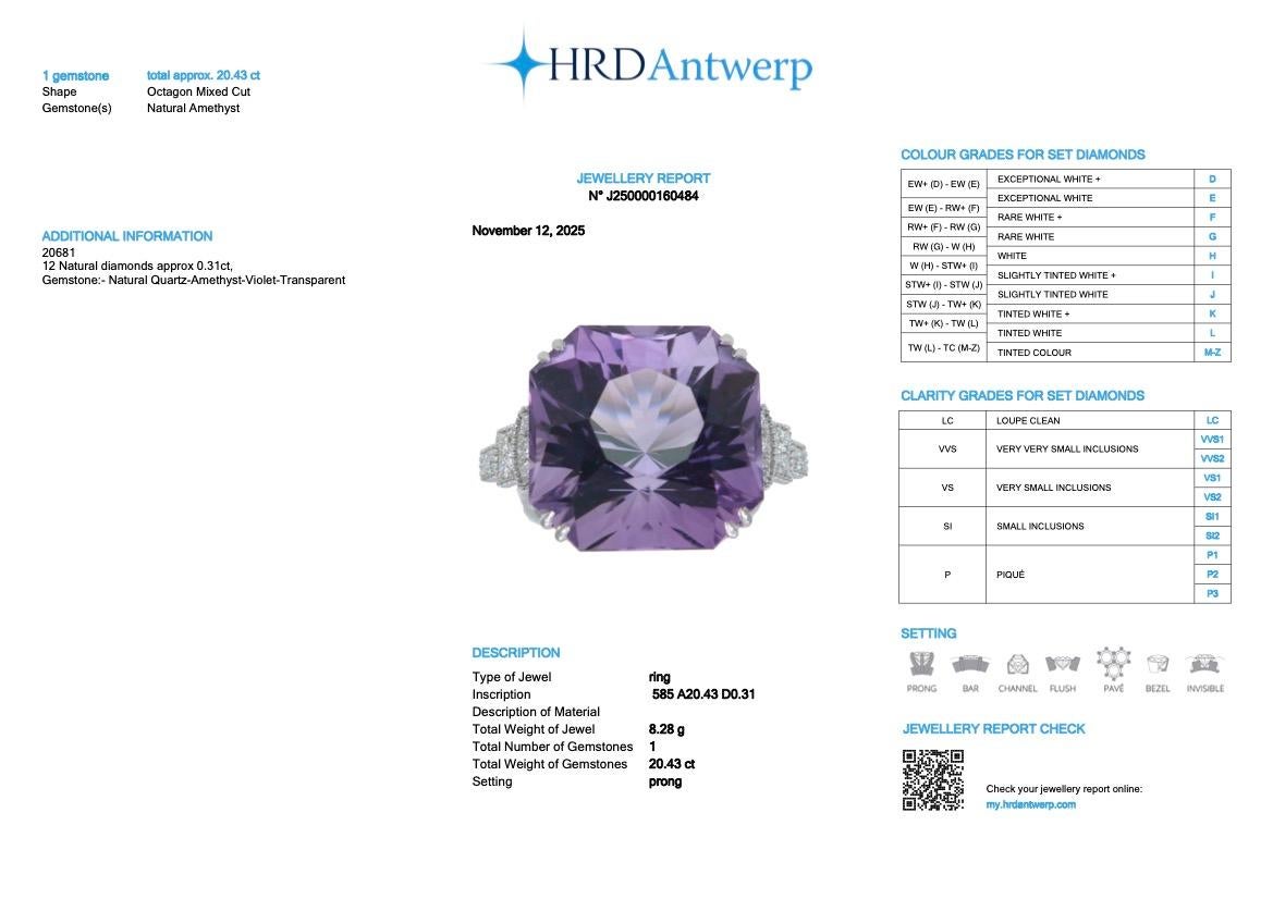 HRD 14K 20.43 ct Natural Vivid Purple Amethyst Diamonds Antique Engagement Ring en venta 3