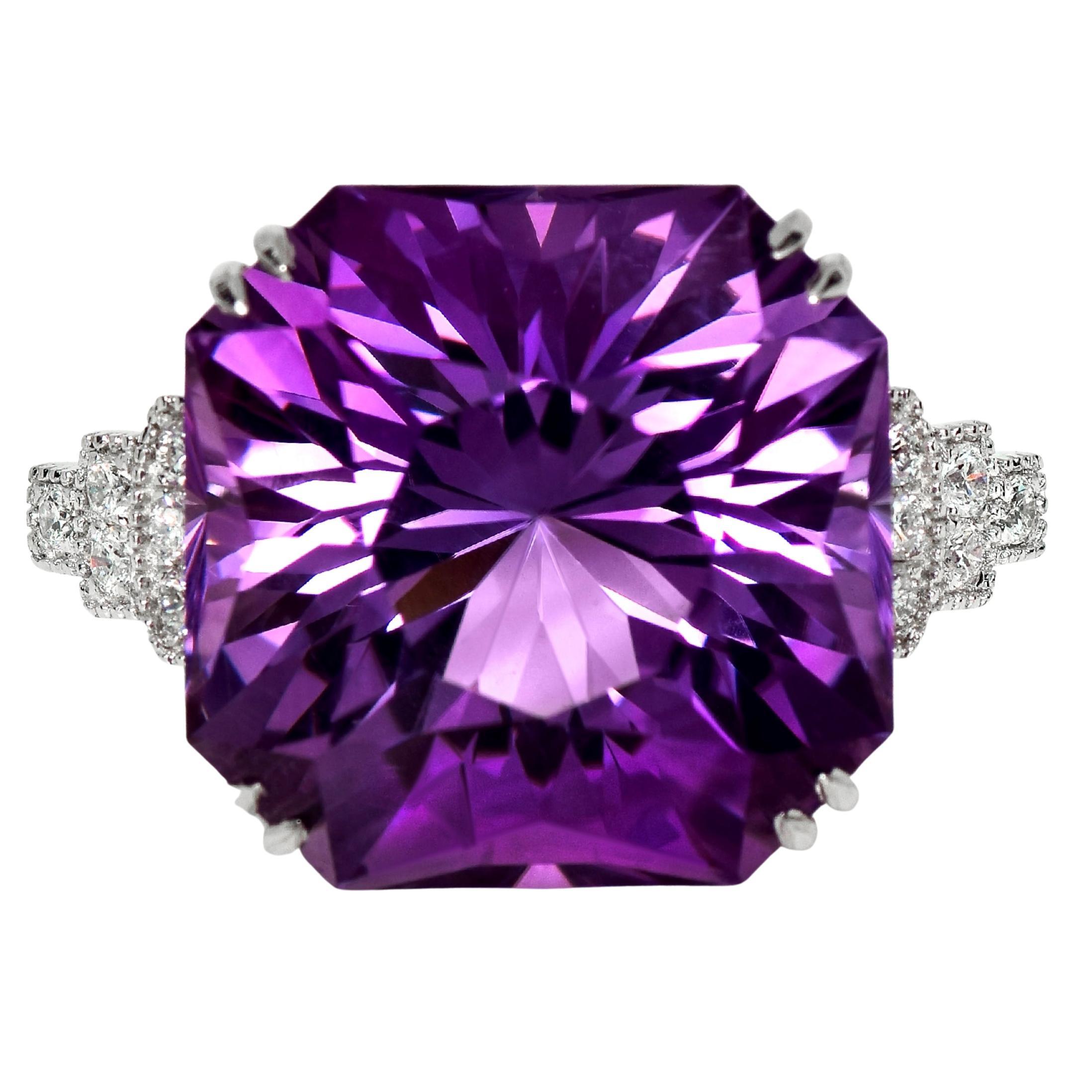 HRD 14K 20.43 ct Natural Vivid Purple Amethyst Diamonds Antique Engagement Ring