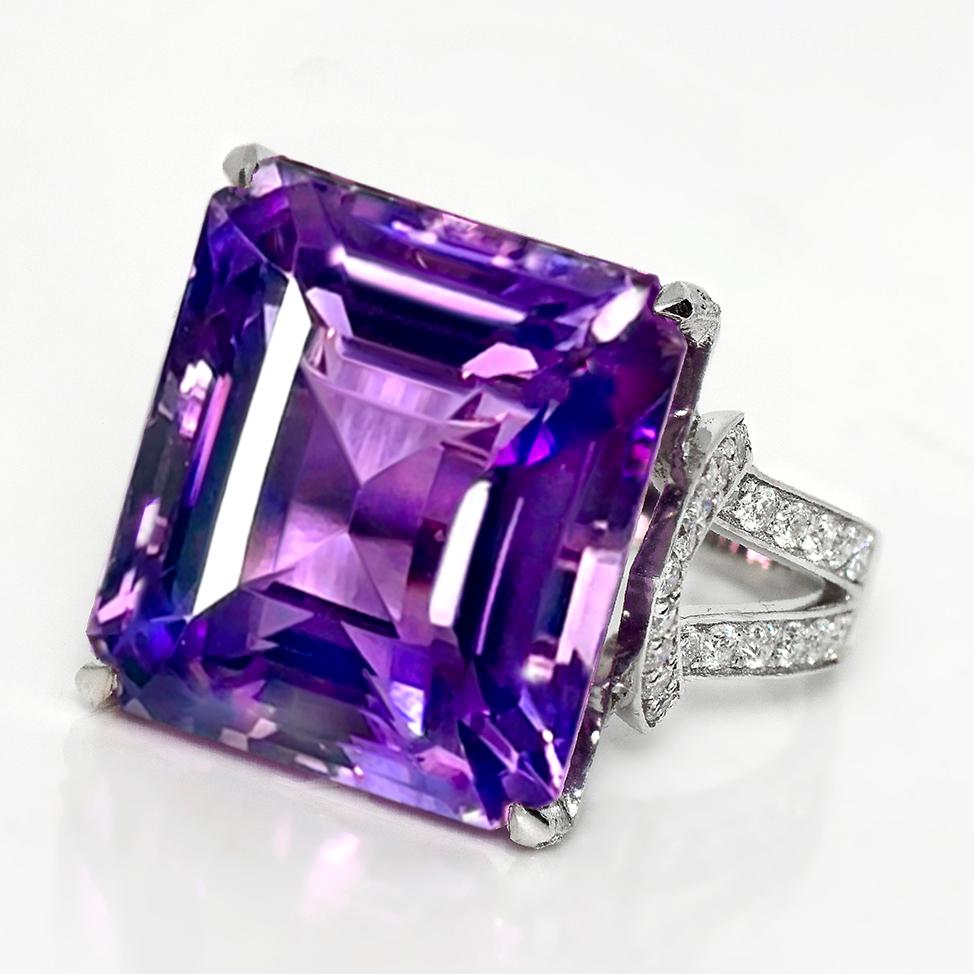 HRD 14K 24.68 ct Natural Vivid Purple Amethyst Diamonds Antique Engagement Ring Art Decó en venta