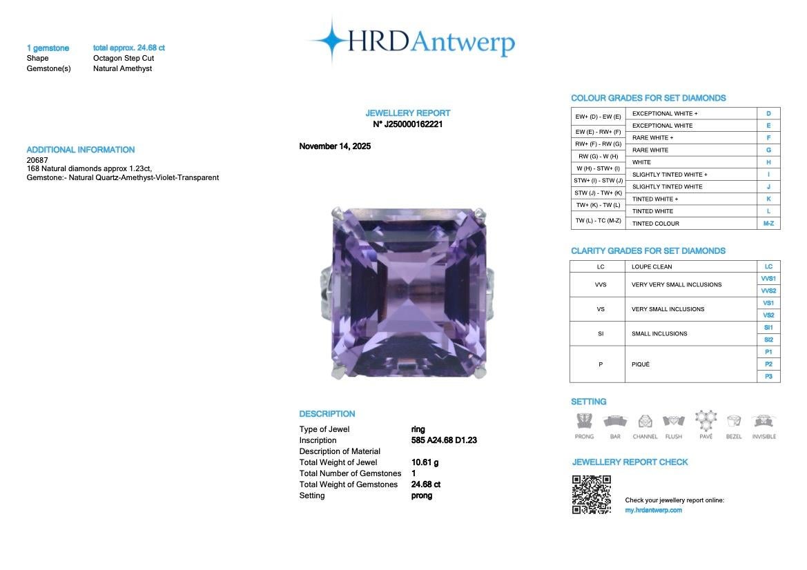 HRD 14K 24.68 ct Natural Vivid Purple Amethyst Diamonds Antique Engagement Ring en venta 3