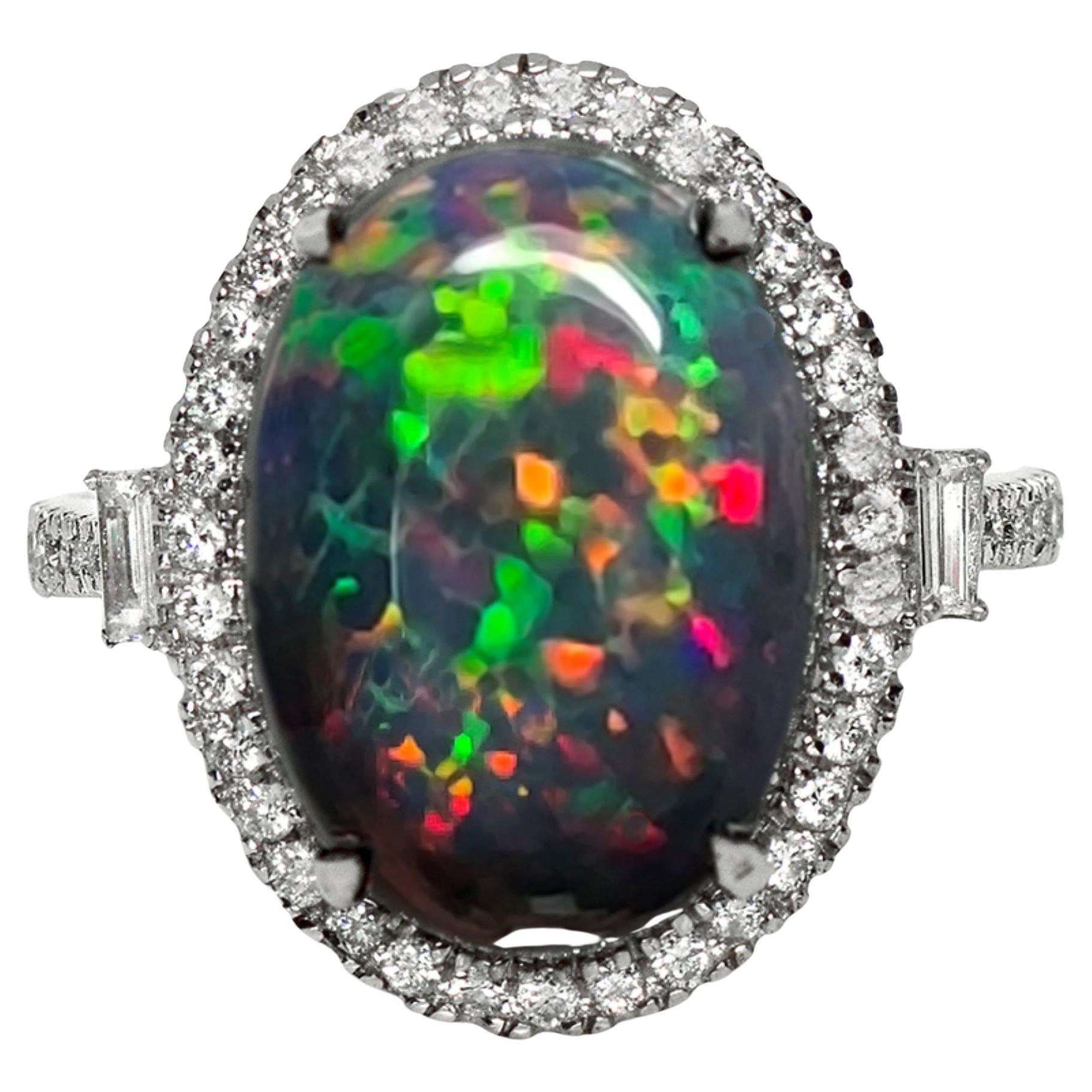 HRD 14K 5.01 ct  Natural Color Play Black Opal Diamonds Cocktail Ring