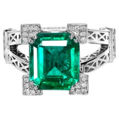 HRD 18K 5.03 Ct Zambia Emerald&Diamonds Antique Engagement Ring