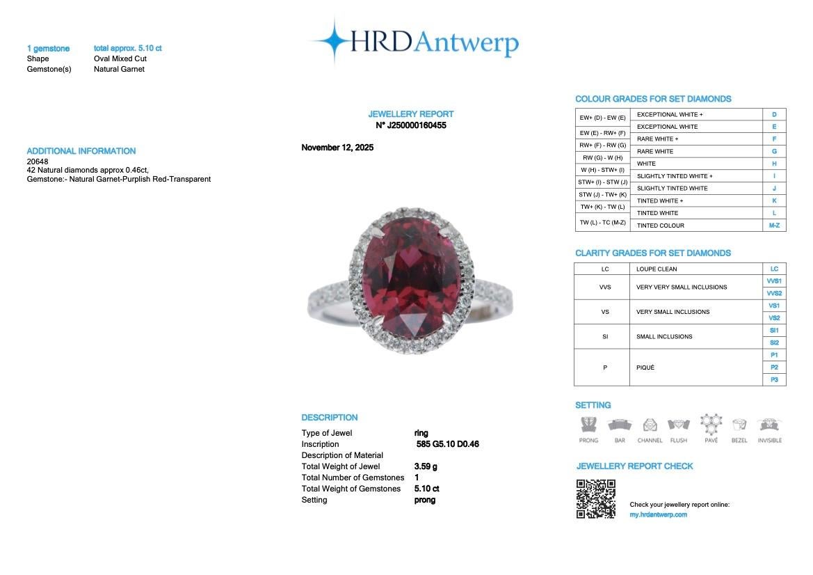 HRD 5.10 ct 14K White Gold Vivid Purplish Red Mahenge Garnet Engagement Ring im Angebot 3