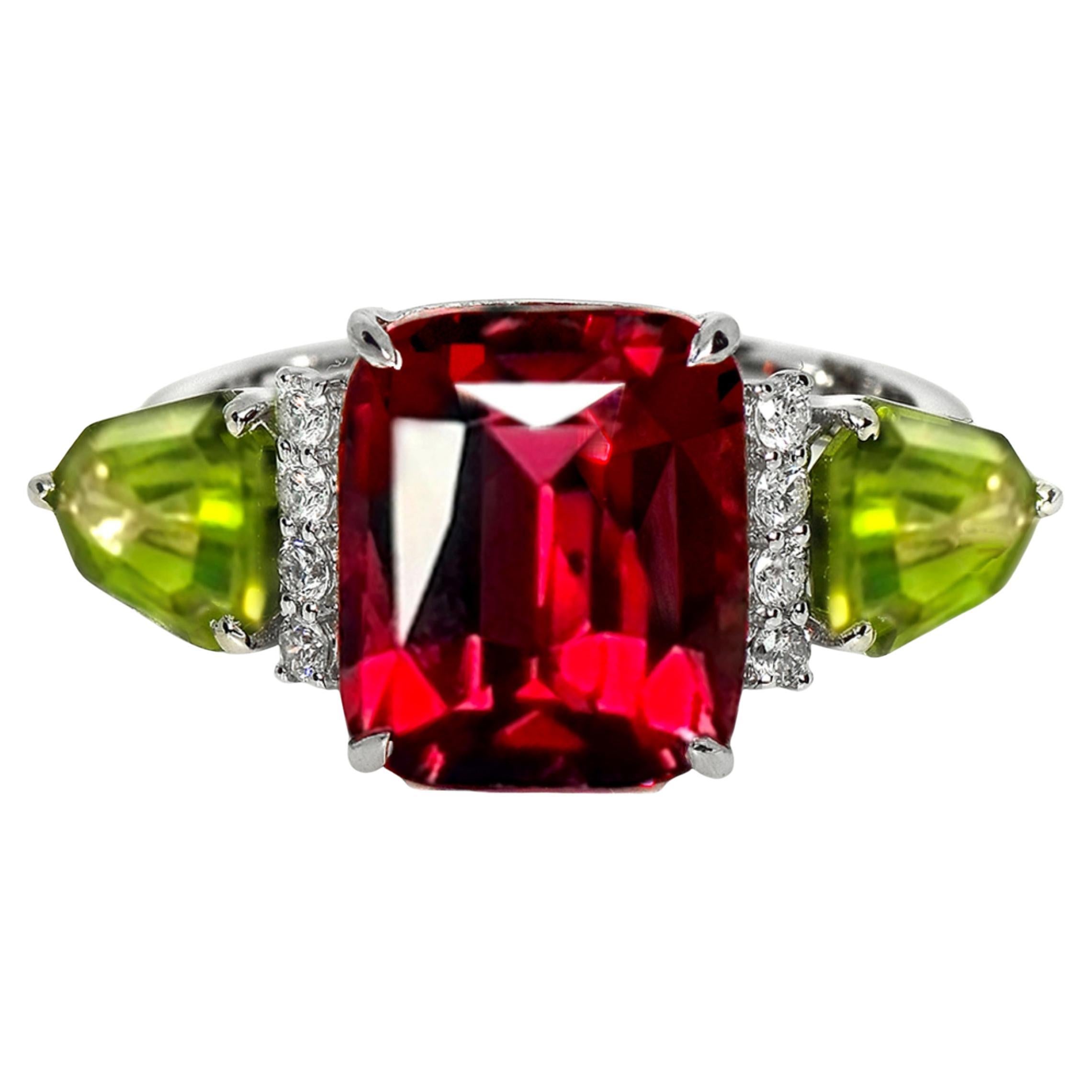 HRD 6.35 Carat Vivid Red Mahenge Garnet&Peridots 3-Stone Engagement Ring For Sale