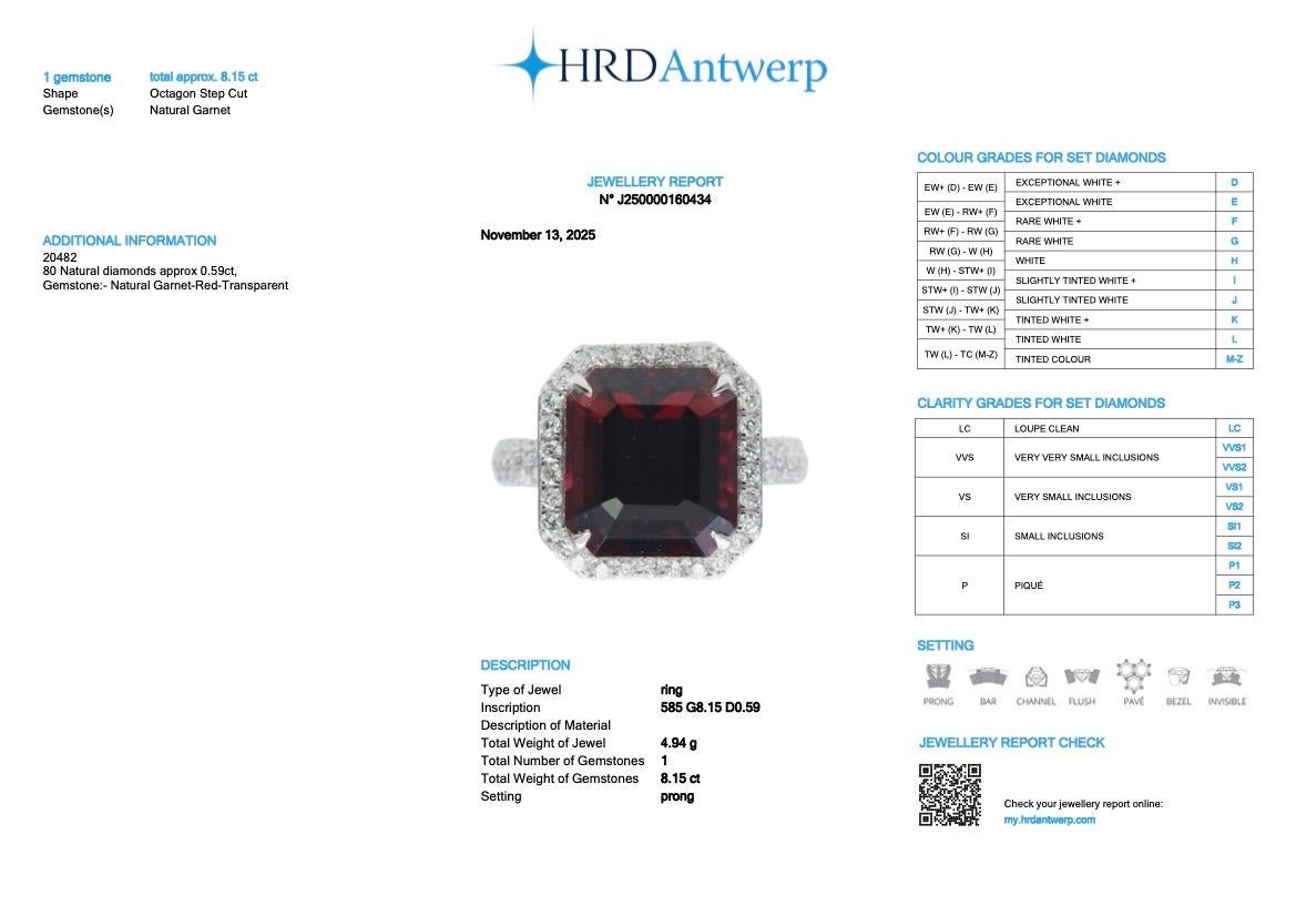 HRD 8.15 ct 14K White Gold Vivid Red Garnet Engagement Ring im Angebot 3