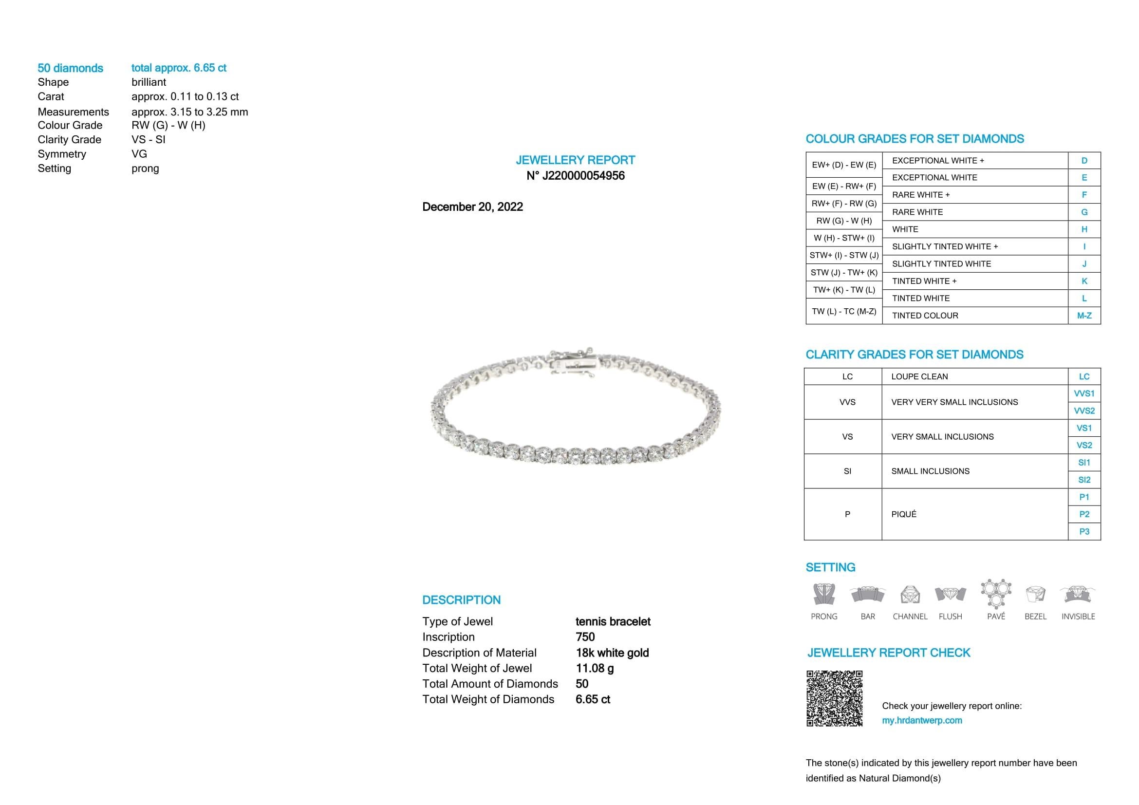 HRD Antwerp Certified  6.65 Carat G/VS-SI Diamond Tennis Bracelet 18k White Gold

50 Brilliant cut Diamonds.
Length: 18,5cm
Width: 3mm
Height: 3mm

5C`s:
Certificate: HRD Antwerp
Carat: 6.65Ct
Color: G-H
Clarity: VS-SI
Cut: Very Good

Feel free to