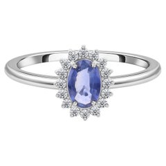 HRD Certified 0.43 Carat Blue Sapphire 0.11 Carat Diamond 18k White Gold Ring