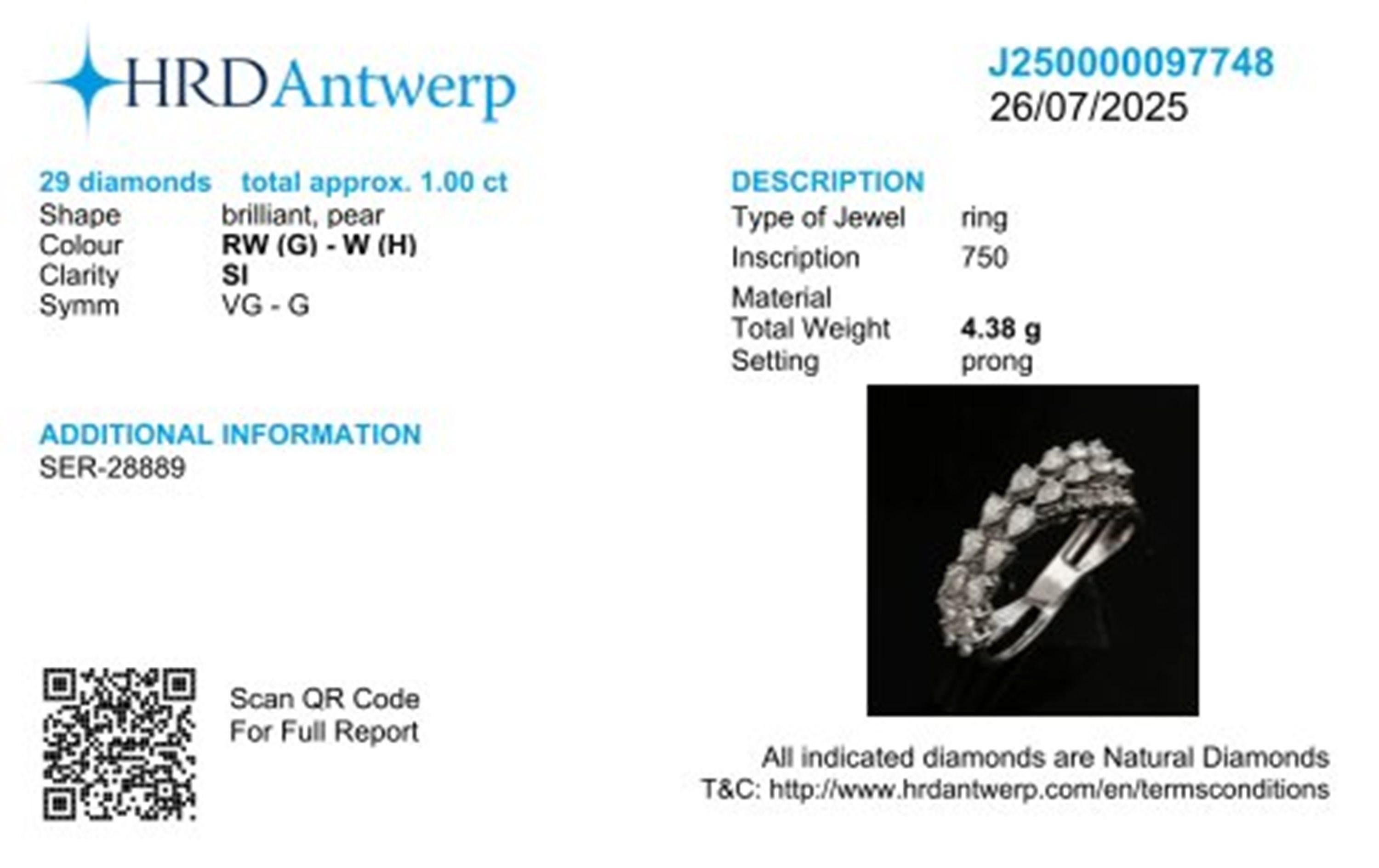 For Sale:  HRD Certified 1 Carat Triple Row Diamond Engagement Band Ring 18k White Gold 3