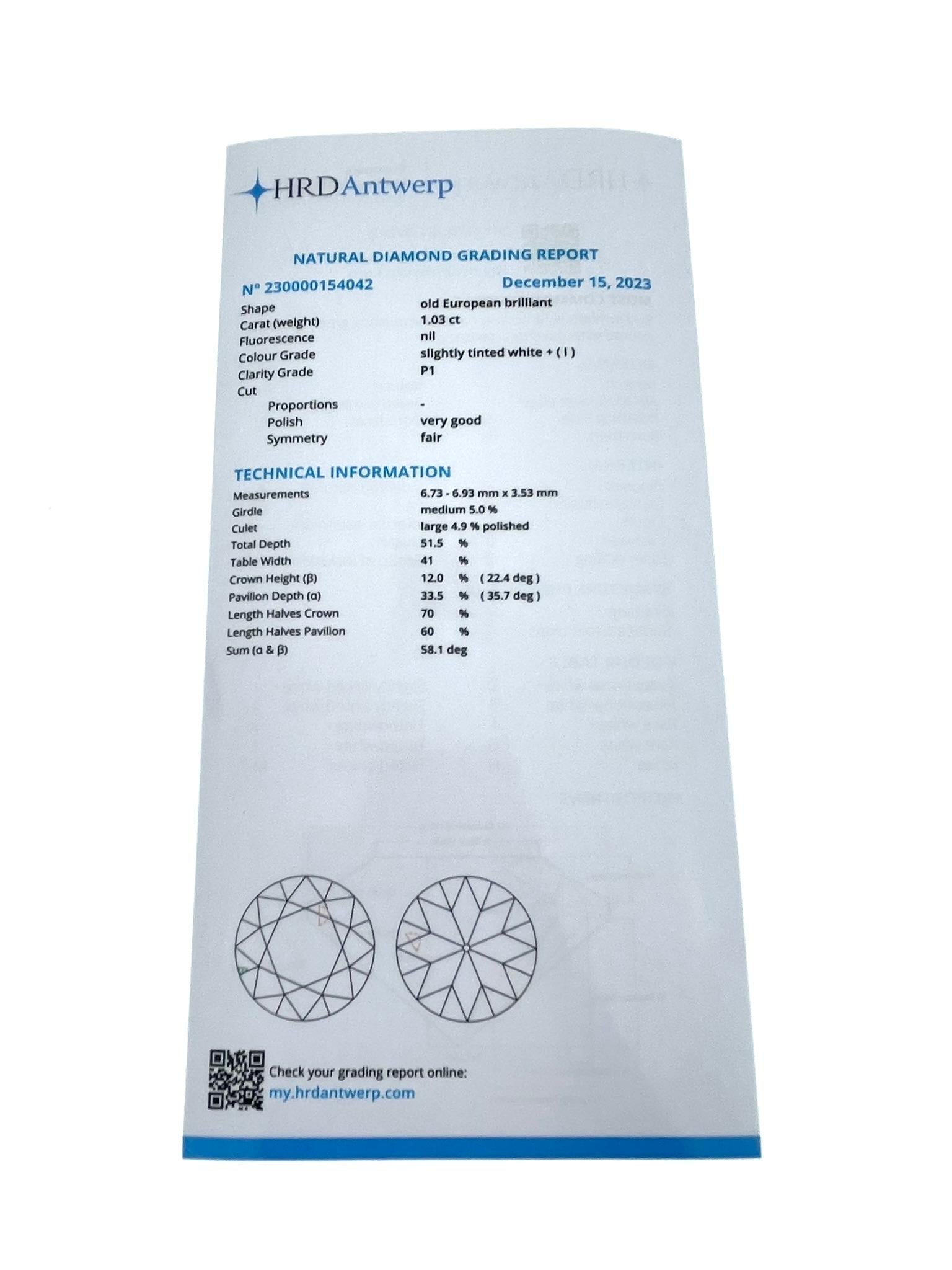 HRD-zertifizierter 1,03 Karat Diamant im alteuropäischen Schliff (Alteuropäischer Schliff) im Angebot