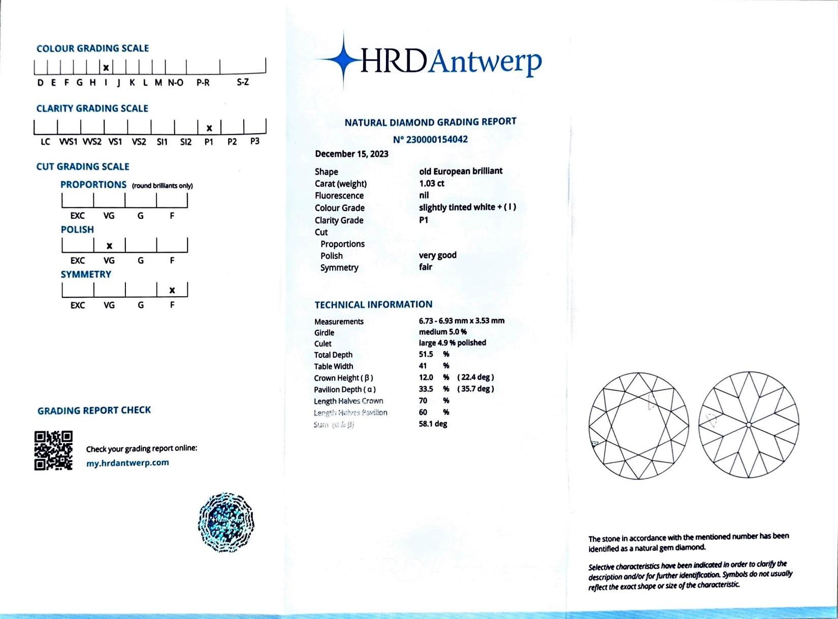 HRD-zertifizierter 1,03 Karat Diamant im alteuropäischen Schliff für Damen oder Herren im Angebot