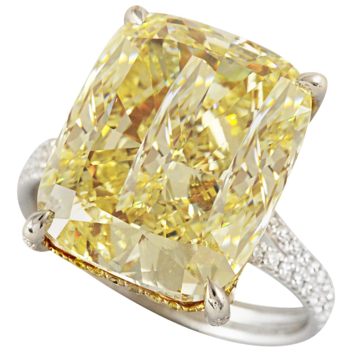 HRD Certified 11.07 Carat Fancy Yellow Cushion Diamond Ring For Sale