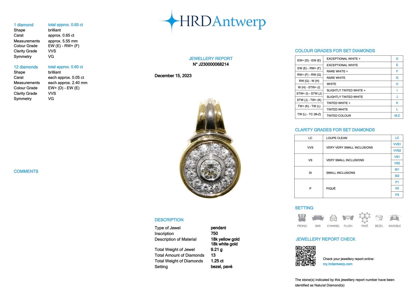 da uomo o donna Ciondolo francese in oro giallo e bianco vintage con diamanti, certificato HRD da 1,25 ct. in vendita