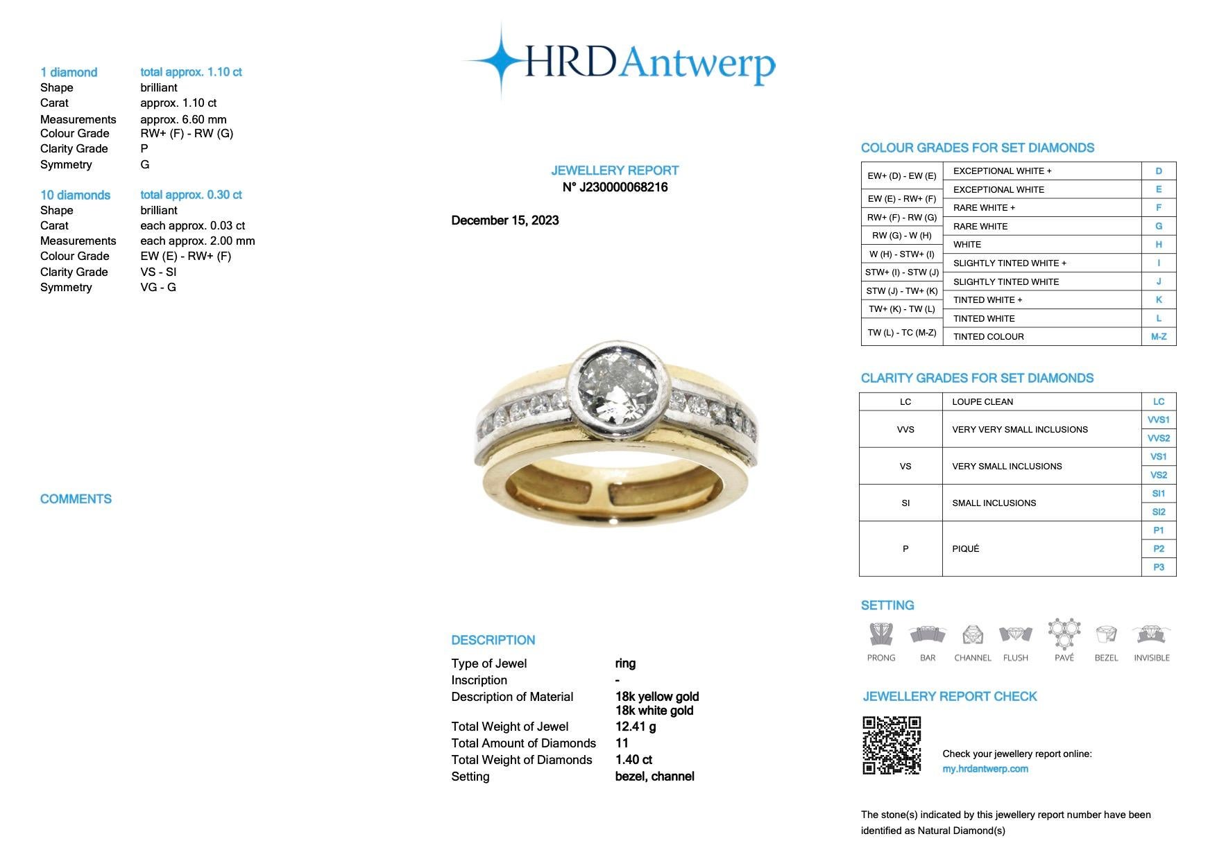 Women's or Men's HRD Certified 1.40ct Diamond Ring Yellow and White Gold For Sale
