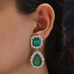 HRD Certified 26.74ct Zambian Emerald Diamond Halo Drop Earrings 14k White Gold