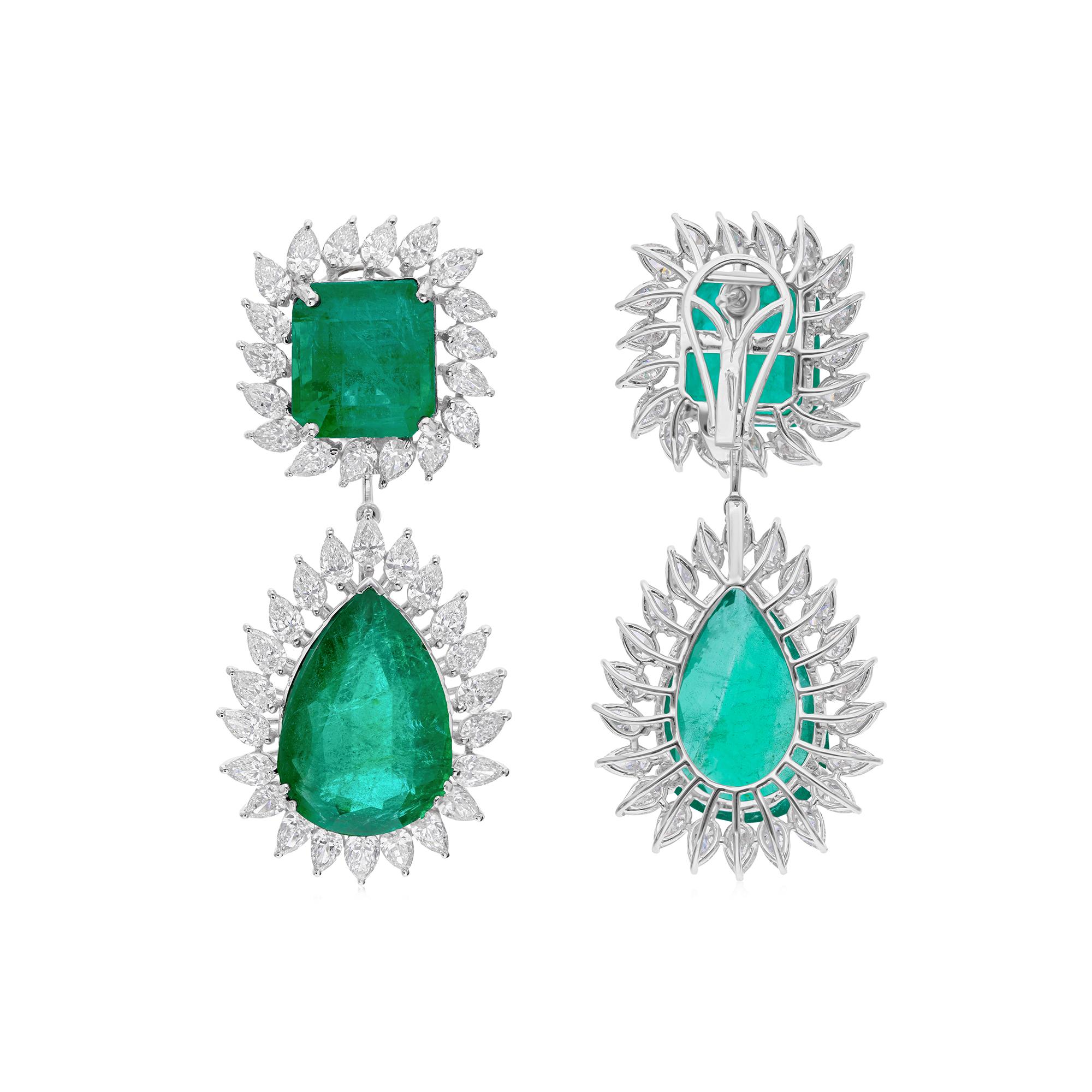 Pendientes de gota de diamante esmeralda de Zambia con certificado HRD de 26,74 ct y halo de oro blanco de 14k Art Decó en venta
