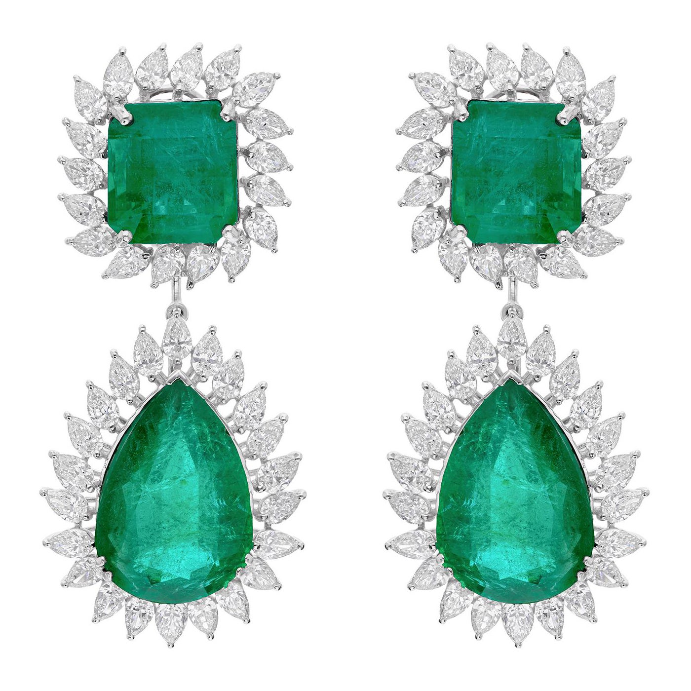 Pendientes de gota de diamante esmeralda de Zambia con certificado HRD de 26,74 ct y halo de oro blanco de 14k