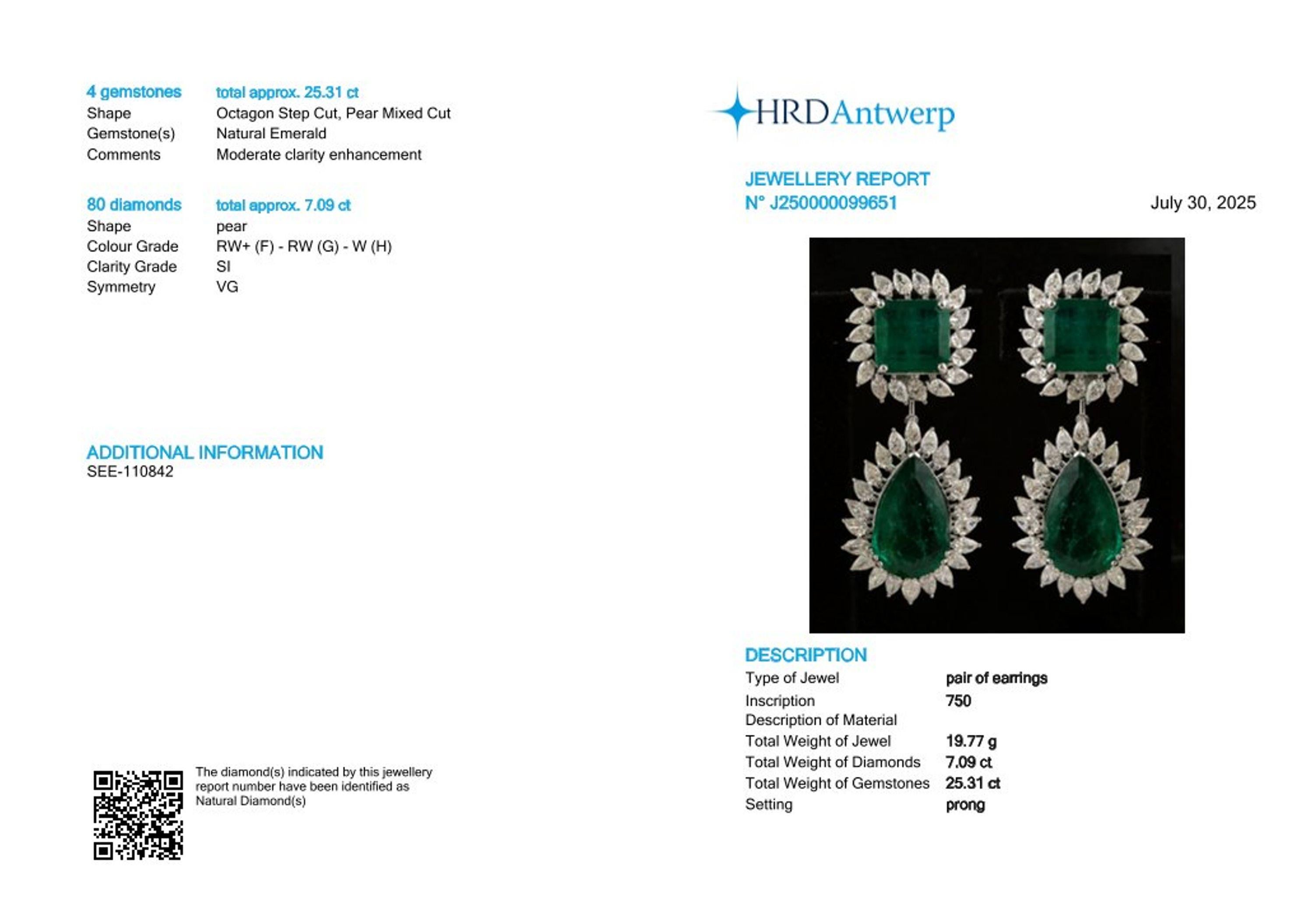 Art déco Boucles d'oreilles pendantes en or blanc 18k certifiées HRD 26.74ct Emeraude Zambienne Diamant Halo en vente