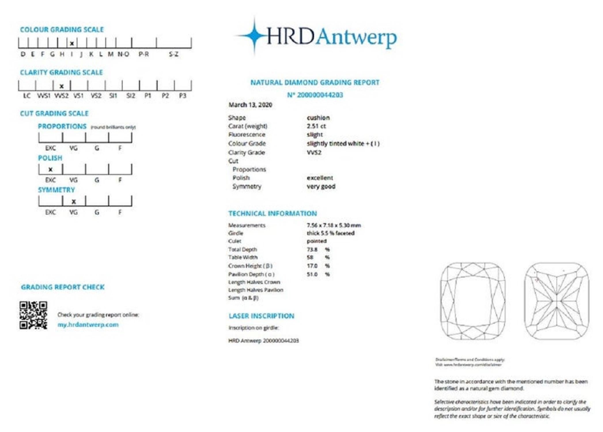 Modern HRD Certified 2.80 Carat Cushion Diamond Ring Triple Excellent VVS1