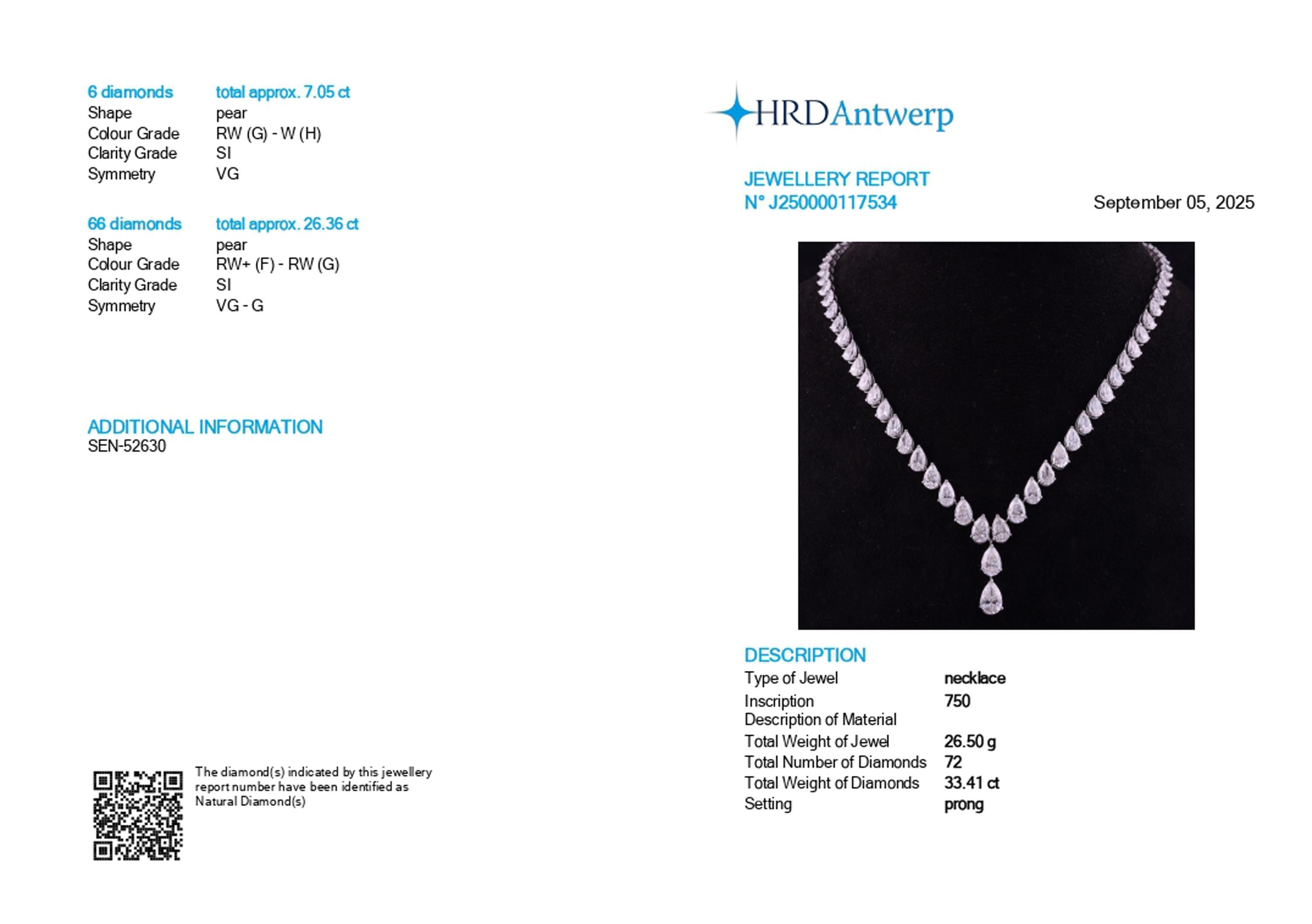 Moderno Collana di diamanti a pera certificati HRD da 33,4 carati SI/H Gioielli in oro bianco 18 carati in vendita