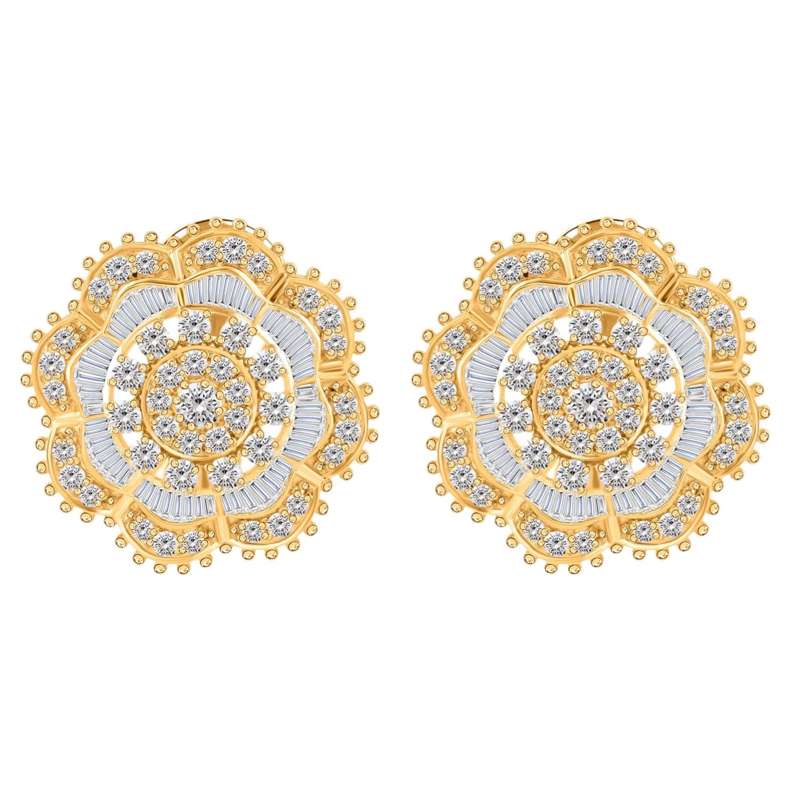 Certified 3.78 Carat SI/H Diamond Flower Wedding Stud Earrings 18K Yellow Gold