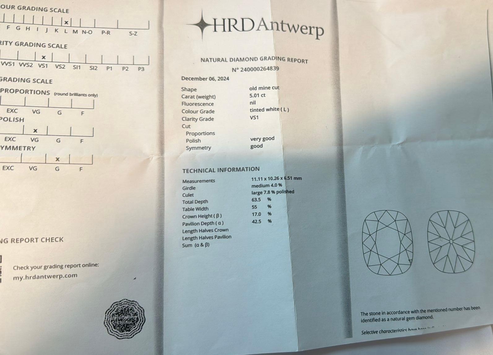 HRD Certified 5.01 Carats old mine diamond solitaire ring For Sale 4