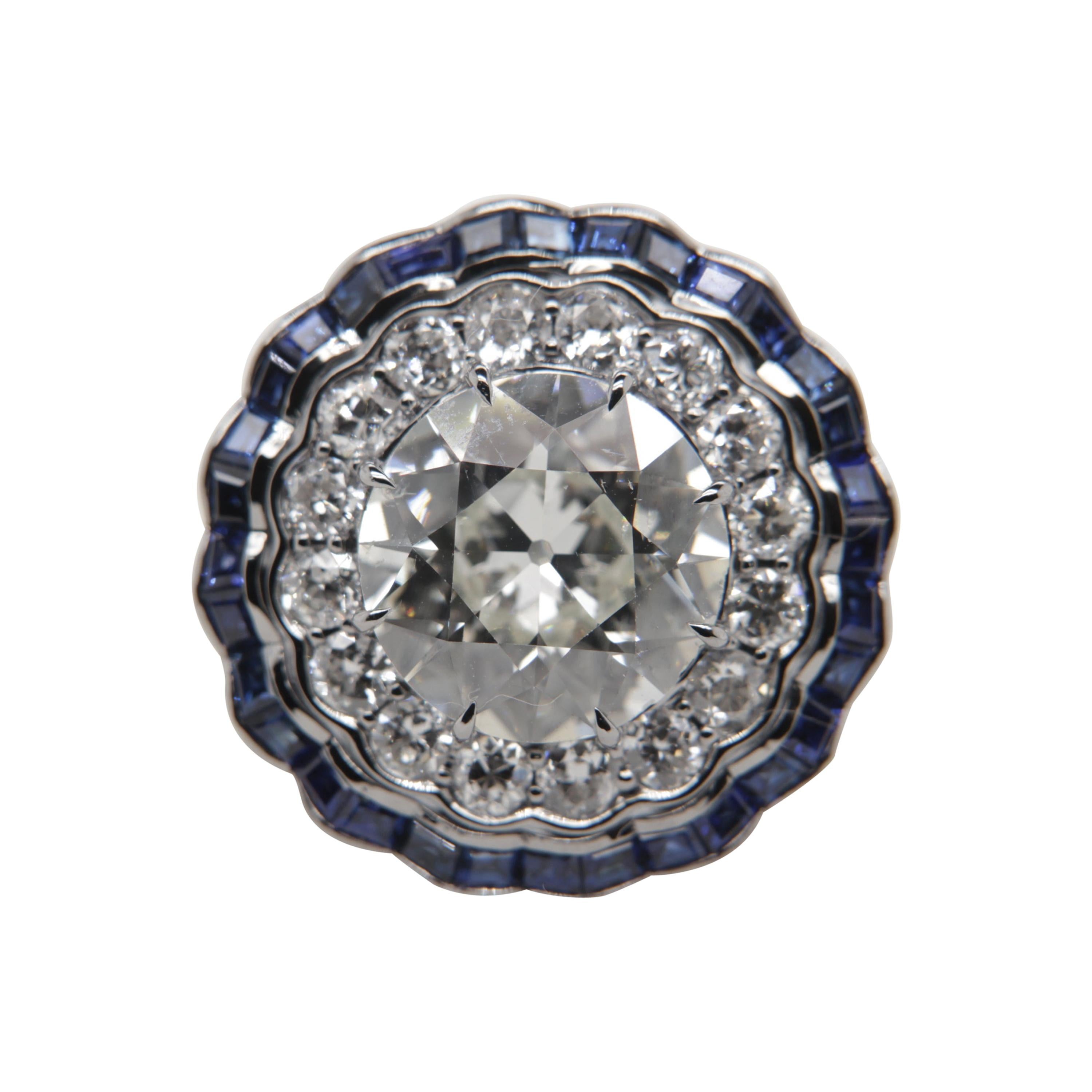HRD Certified 5.03 Carat Old Cut Diamond and Blue Sapphire Ring in 18 Karat Gold