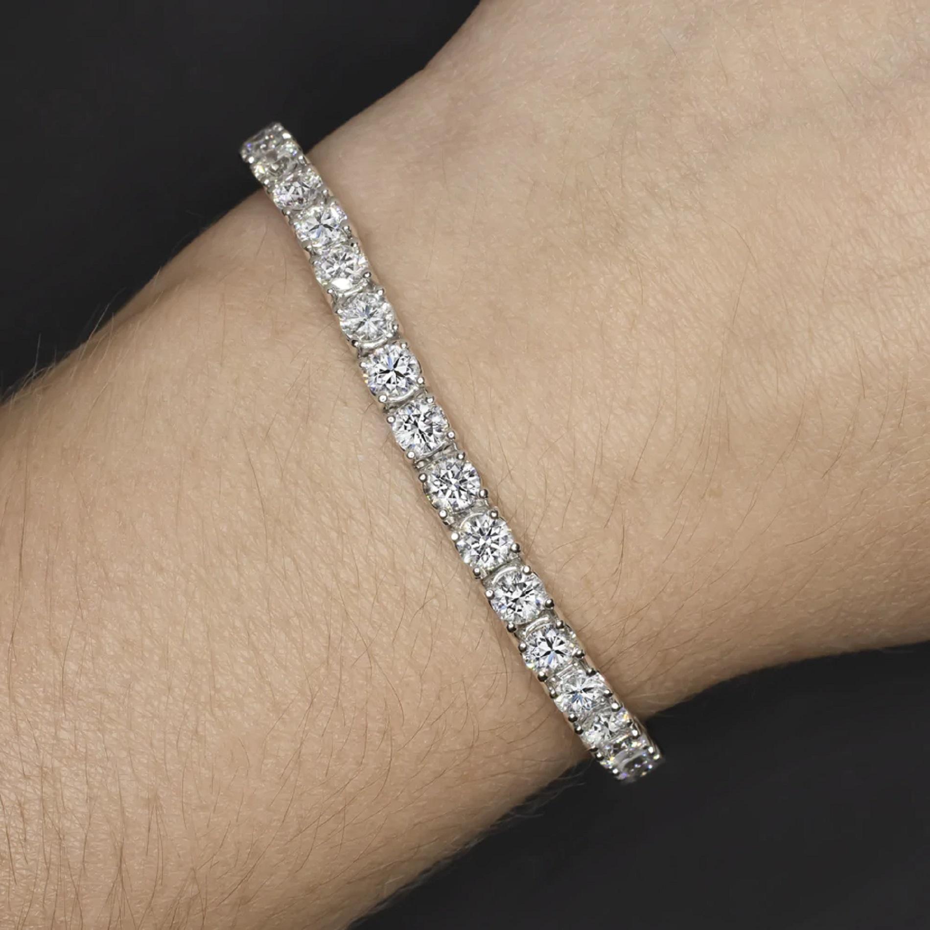 brilliantly sparkling tennis bracelet has a classic design that will never go out of style! Featuring 7 carats of bright white bright eye clean diamonds, this beauty offers brilliant, eye catching sparkle. This bracelet is sure to delight and would