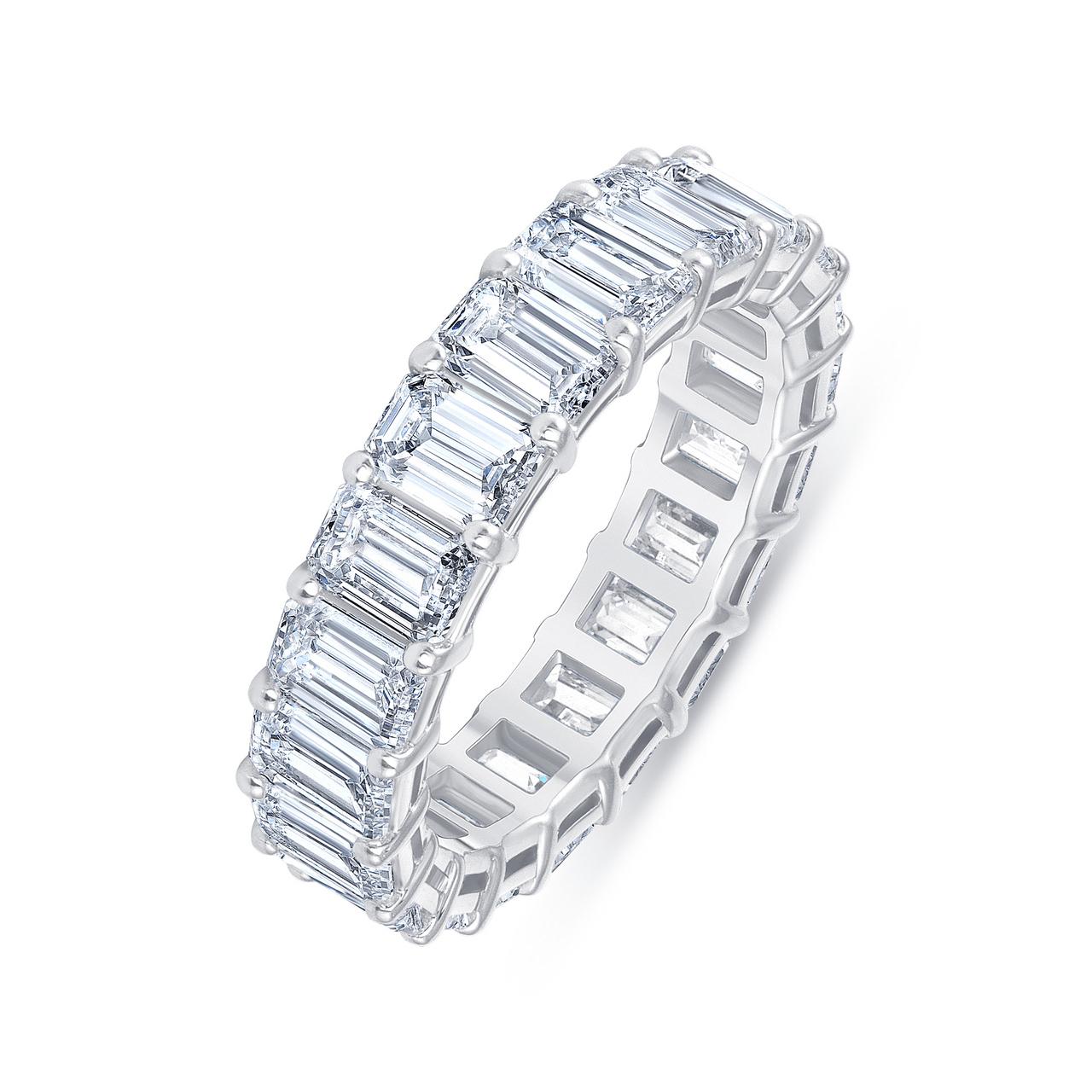 Women's or Men's HRD Certified 5.65 Carat Emerald Cut White Diamond Eternity Ring or Band Rings For Sale