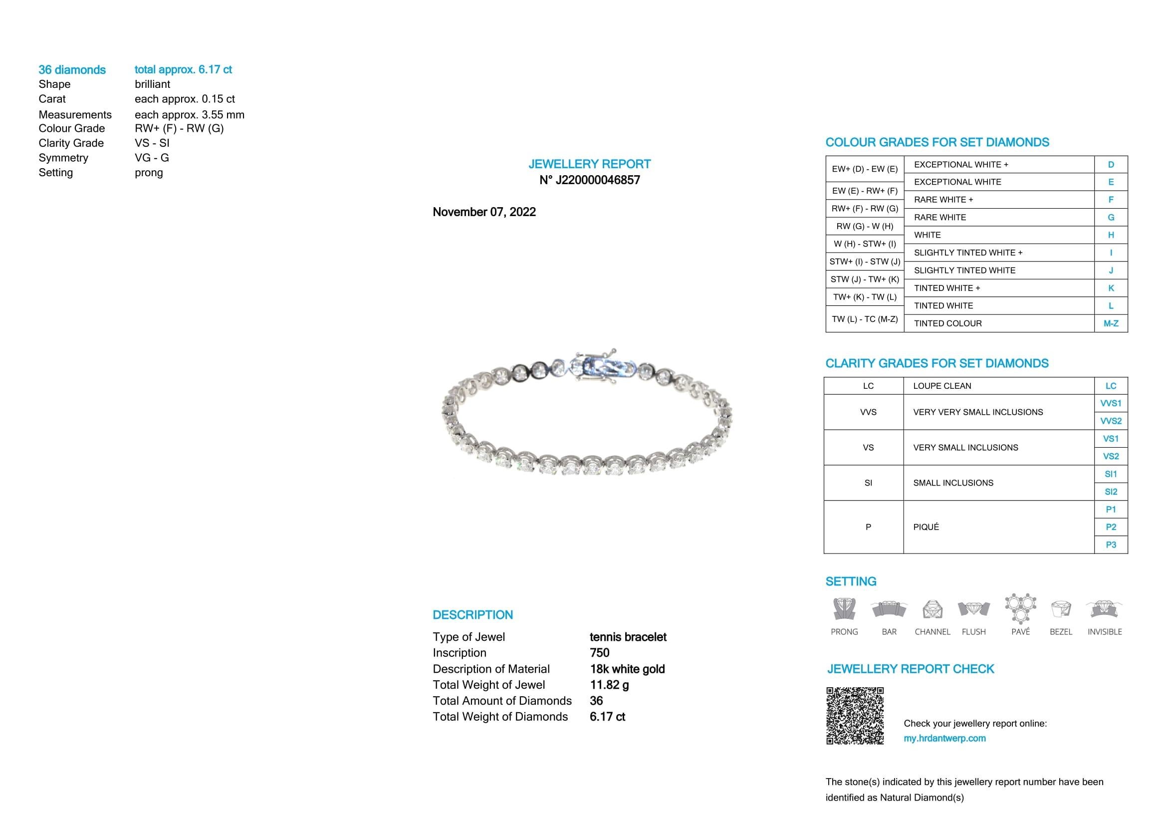 HRD Certified 6.17 Carat F-G/VS-SI Diamond Tennis Bracelet 18k White Gold

36 Brilliant cut Diamonds.
Length: 18,5cm
Width: 4mm
Height: 3mm

5C`s:
Certificate: HRD Antwerp
Carat: 6.17Ct
Color: F-G
Clarity: VS-SI
Cut: Very Good - Good

Feel free to