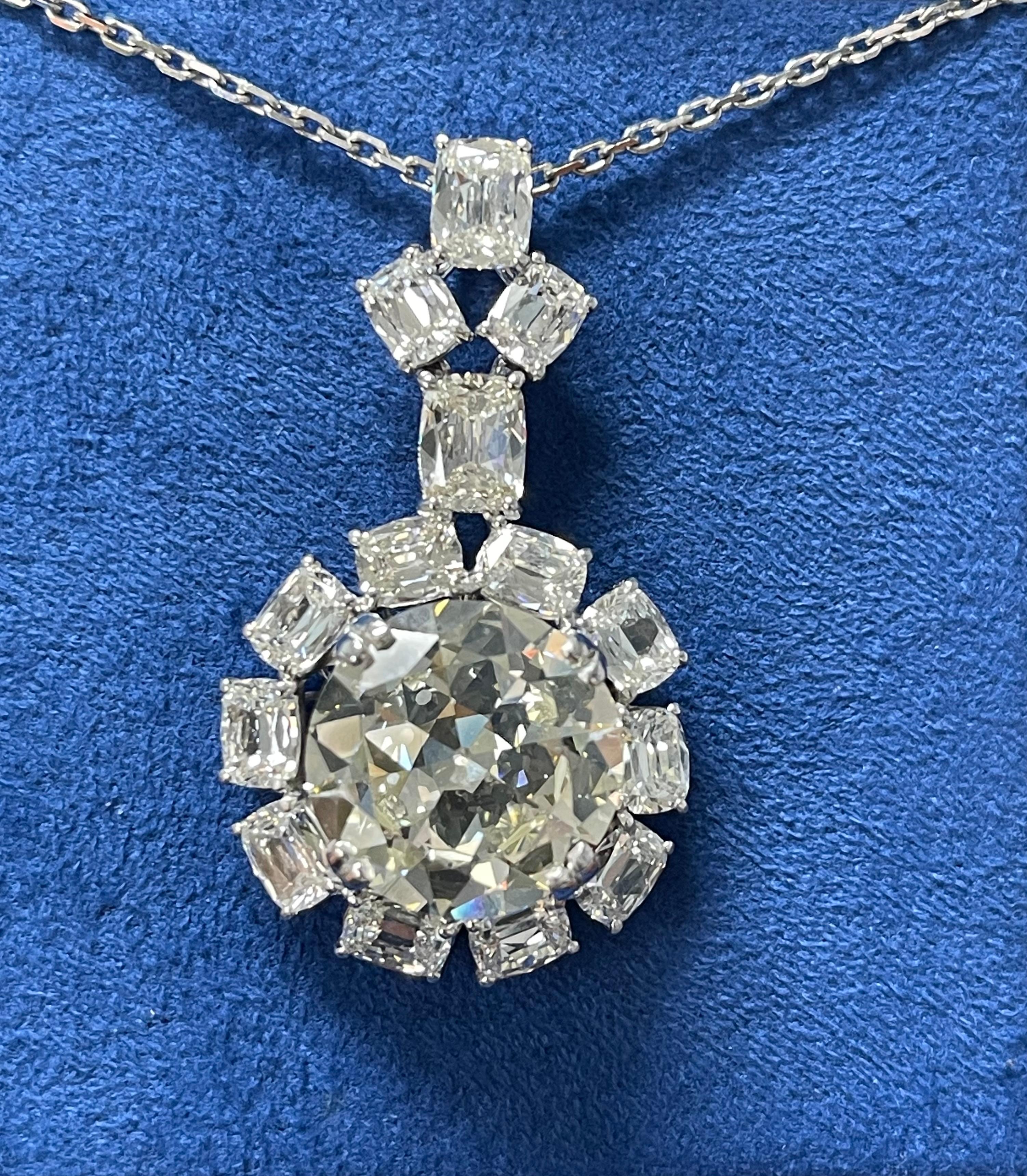 Women's HRD Certified 9.56 Carat Old Mine Cut Diamond Necklace In 18K White Gold.  For Sale