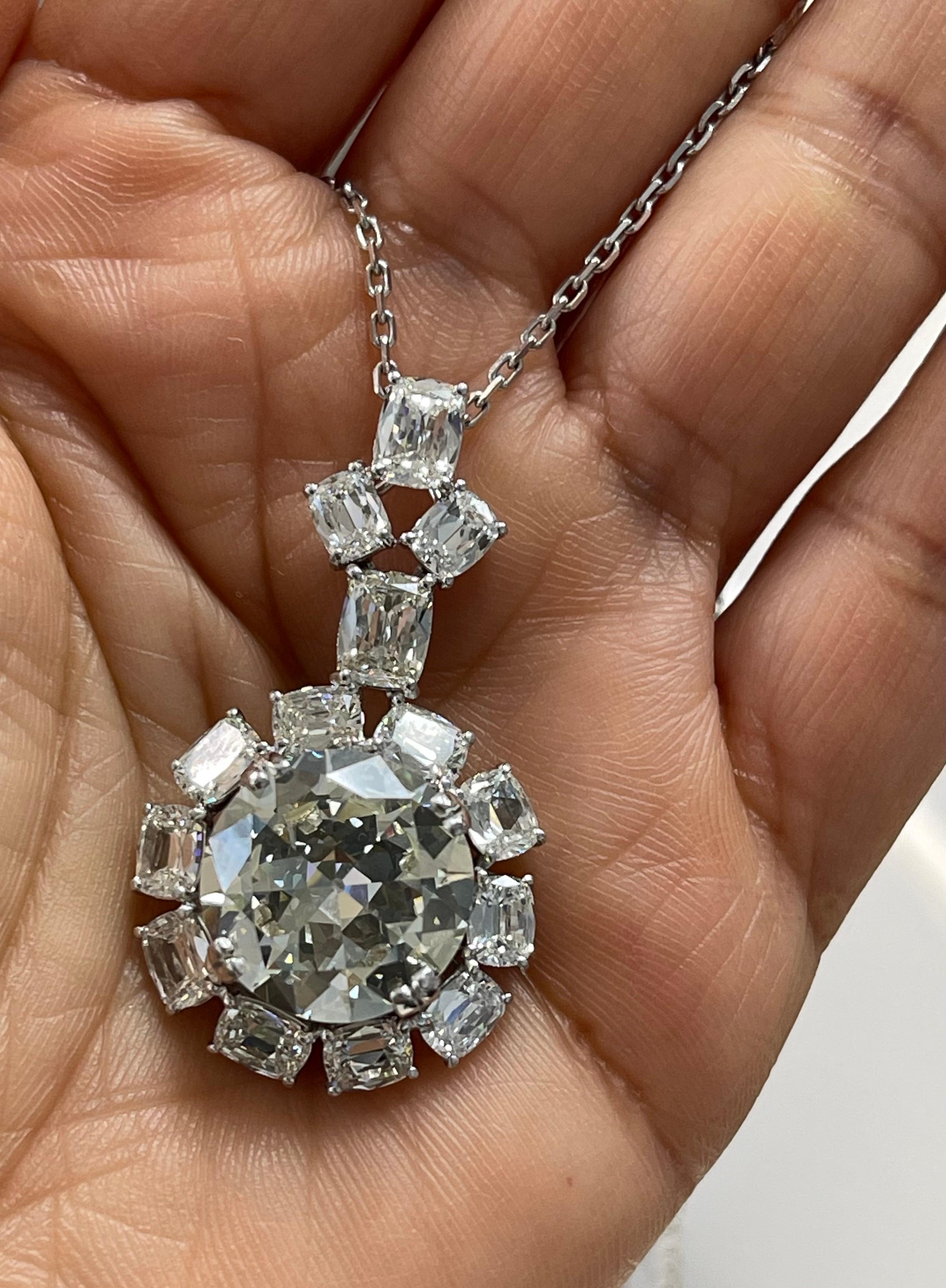 HRD Certified 9.56 Carat Old Mine Cut Diamond Necklace In 18K White Gold.  For Sale 2