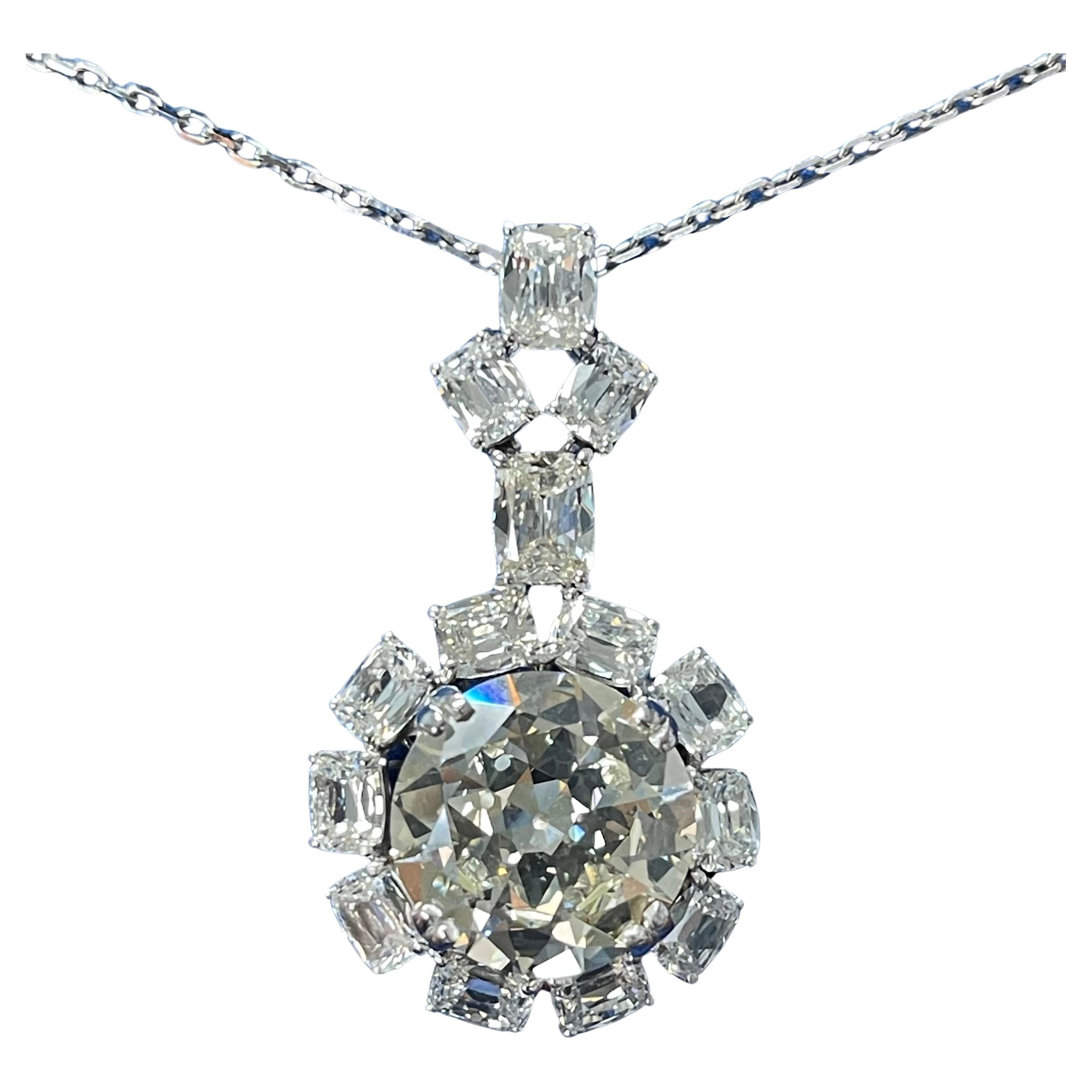 HRD Certified 9.56 Carat Old Mine Cut Diamond Necklace In 18K White Gold.  For Sale