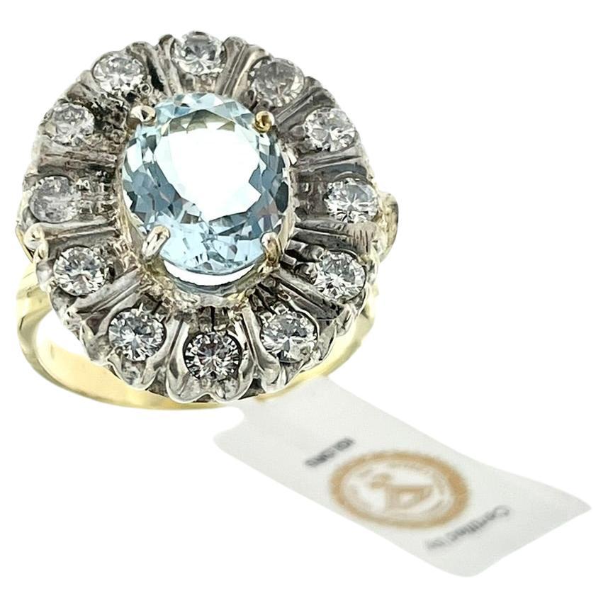 IGI Certified Antique Aquamarine and Diamonds Ring Yellow Gold and Silver  For Sale