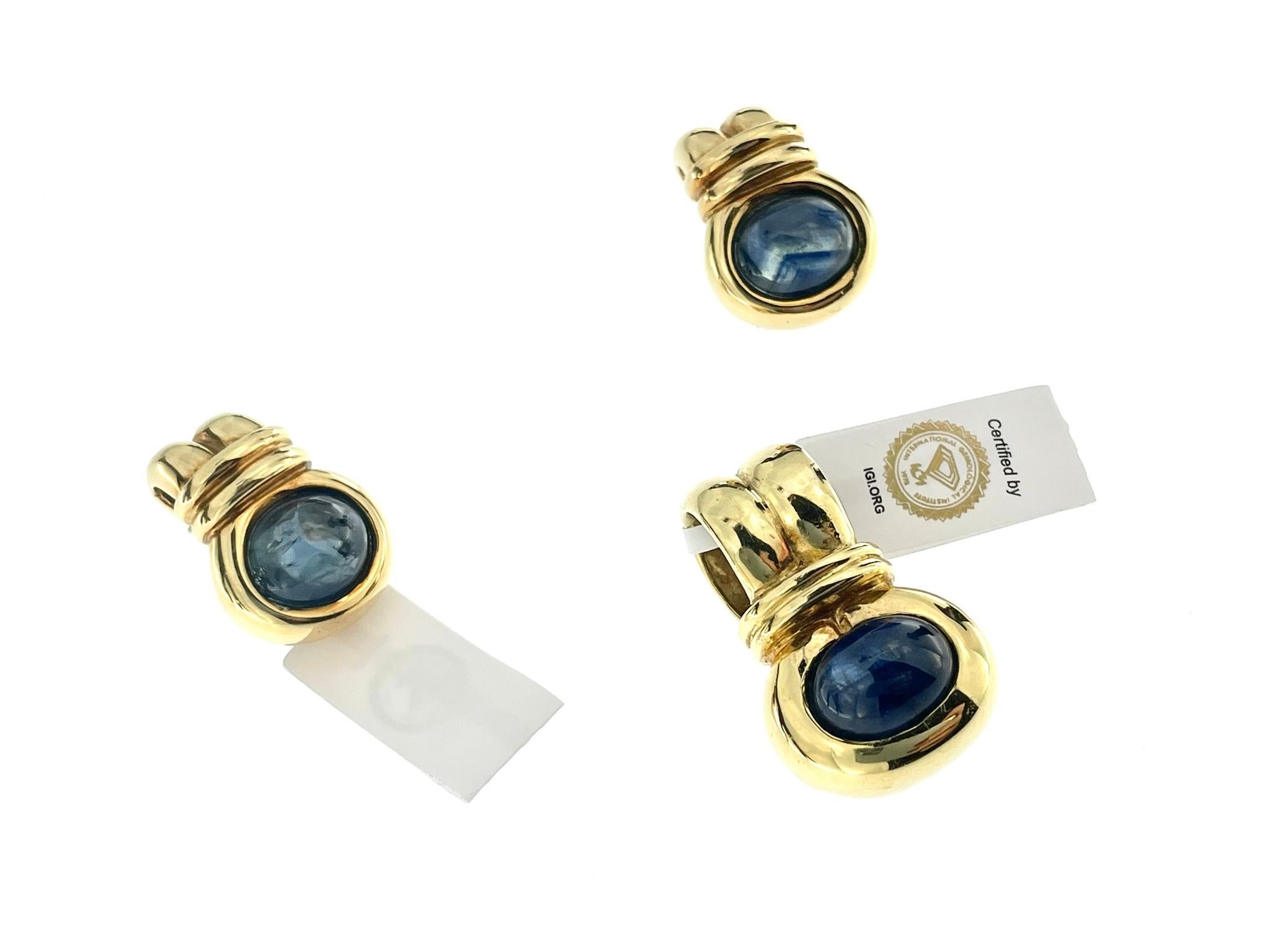 Art Deco IGI Certified Ceylon Sapphires Yellow Gold Set Earrings and Pendant For Sale