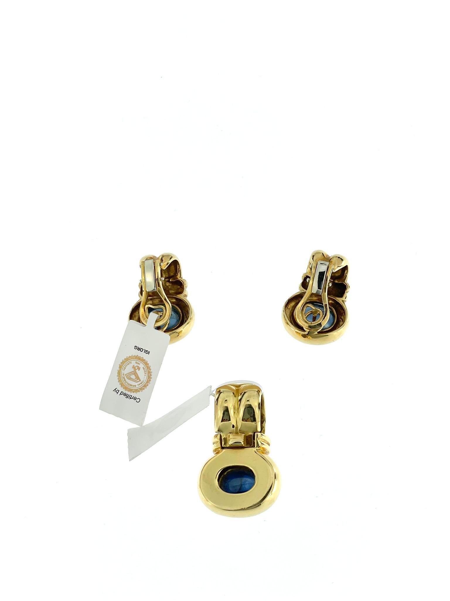 Cabochon IGI Certified Ceylon Sapphires Yellow Gold Set Earrings and Pendant For Sale