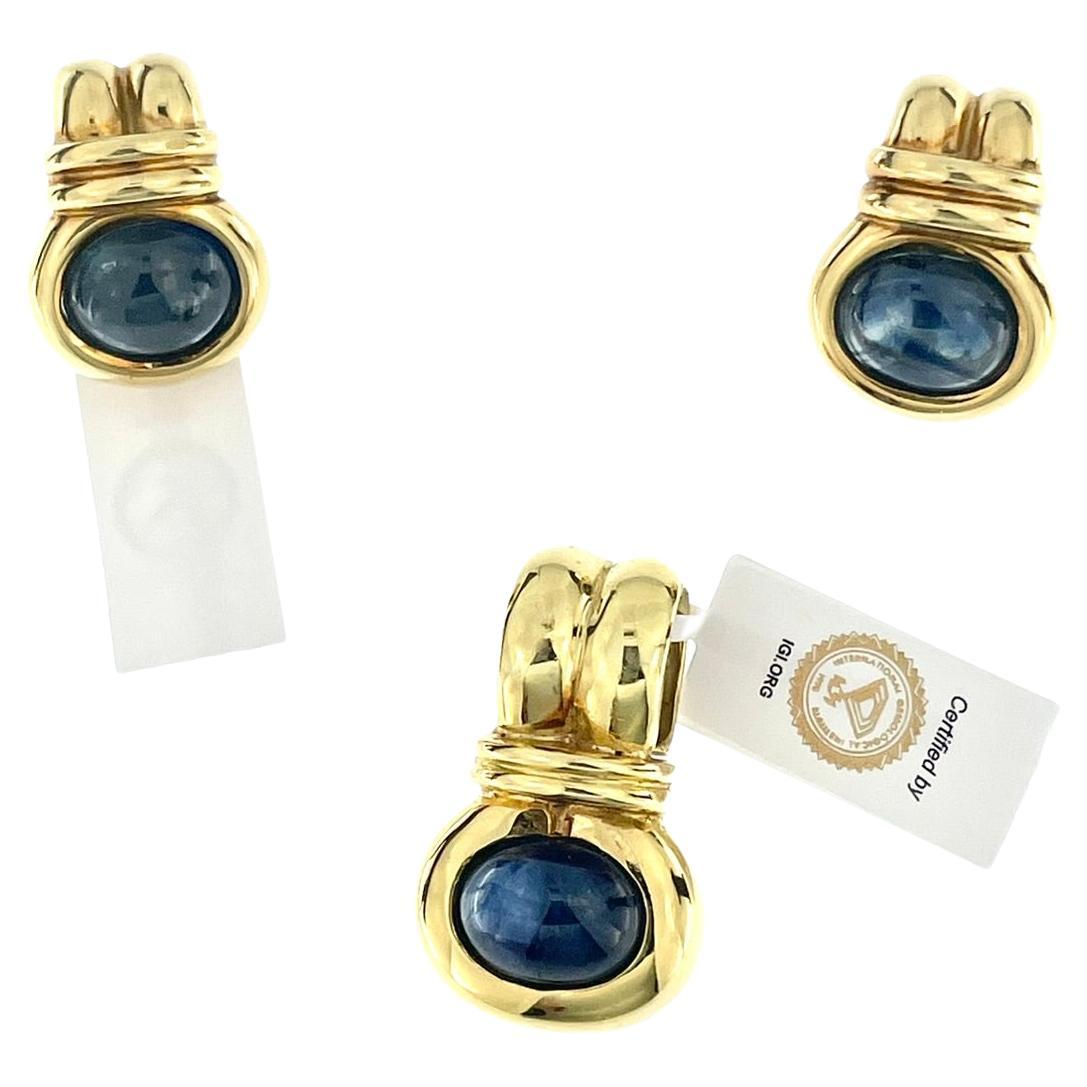 IGI Certified Ceylon Sapphires Yellow Gold Set Earrings and Pendant For Sale